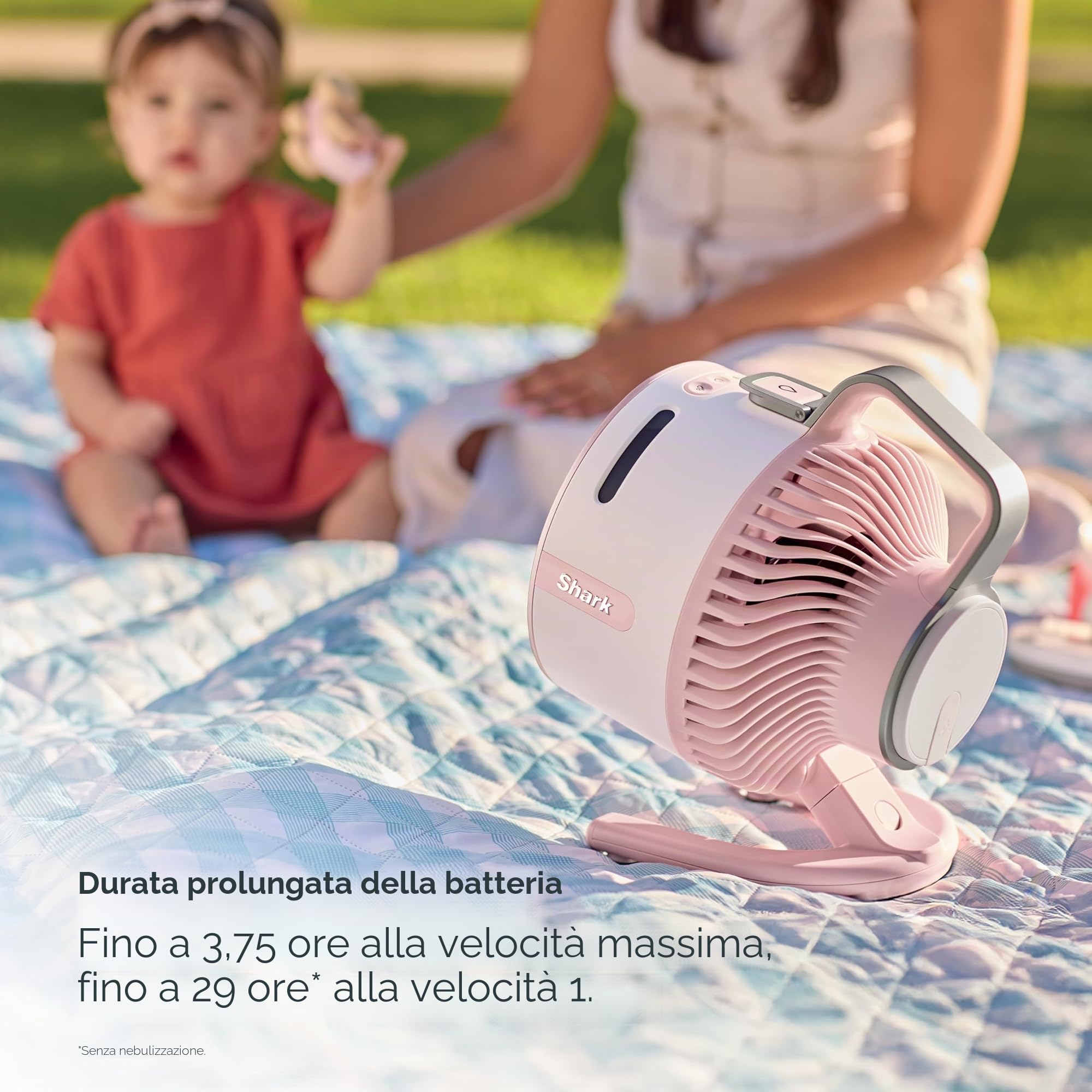 Ventola Shark FlexBreeze HydroGo Pro, potente ventilatore portatile, per interni ed esterni, nebulizzazione evaporativa a secco con filo e cordless, 5 velocità, autonomia prolungata della batteria