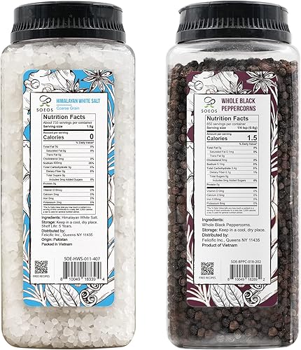 Miniatura 2 de Soeos Sal marina del Himalaya, 39 onzas (2.4 libras) + granos de pimienta negra entera, 18 onzas (1.1 libras) de sal blanca del Himalaya de grano