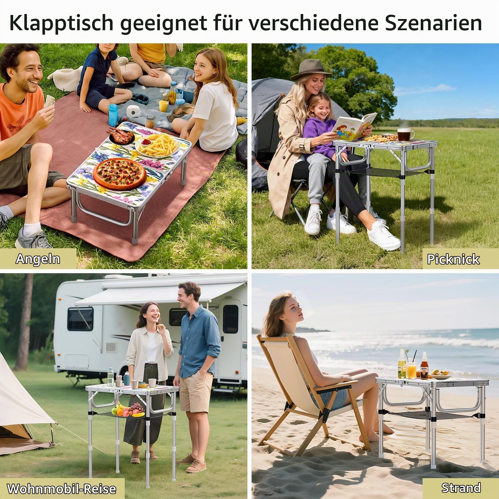 Anbte Campingtisch 58x40cm mit 3 Höhenverstellbar 26/48/70cm, Leicht | Tragbar Picknicktisch mit Aluminium Rahmen & MDF-Tischplatte Blühende Blumen, Kleine Klapptisch für Camping Strand Balkon