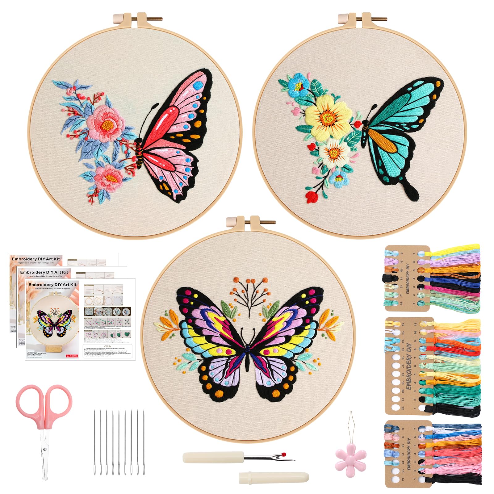 VynyQoo 3pcs Embroidery Kits Butterfly, Embroidery Starter Kit Adults, Stamped Embroidery kit with Butterfly Pattern, DIY Craft Embroidery with Video Tutorial Instruction