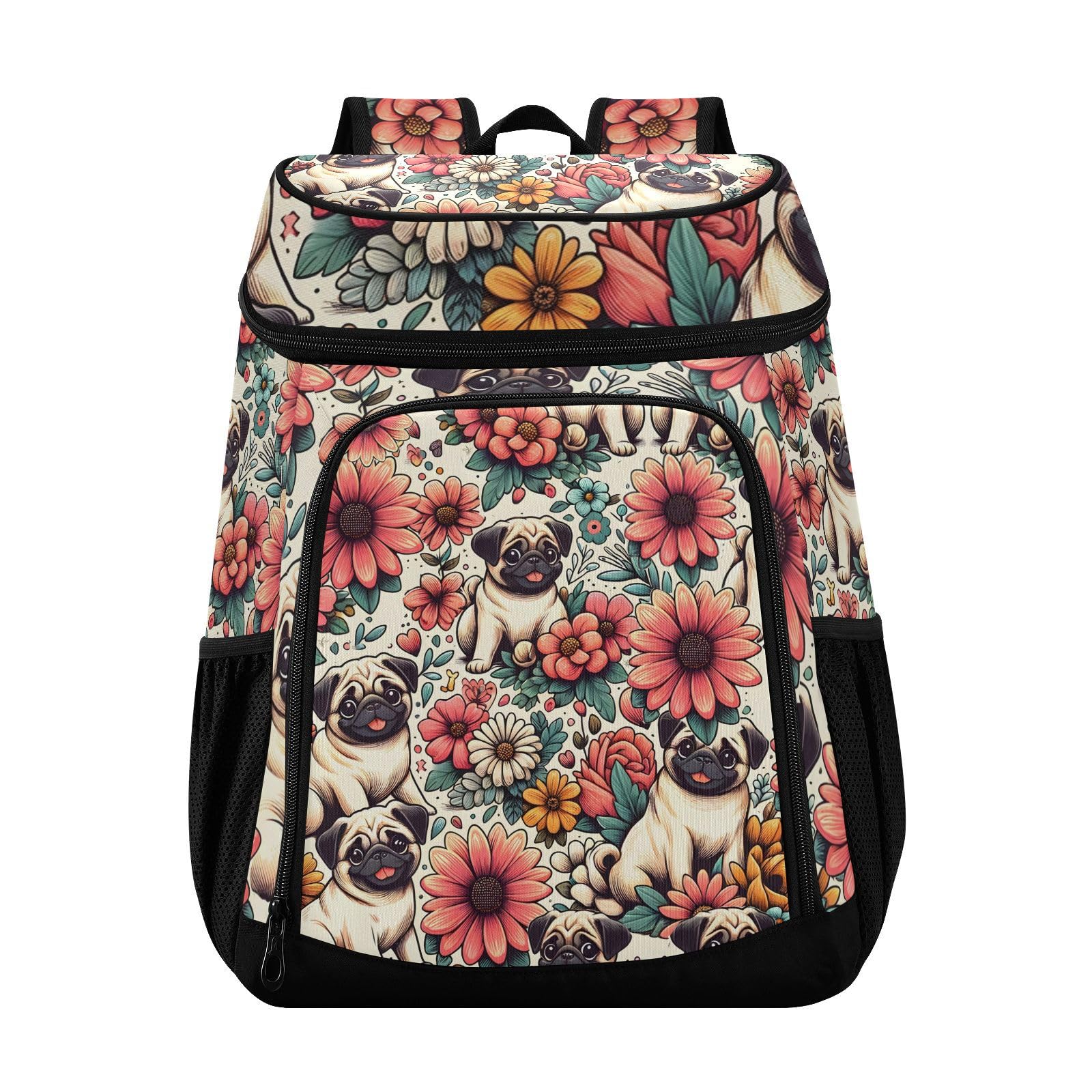 Pugs Dog Boho Flowers Cooler Backpack Cooler Insulated Leak Proof Lunch Backpack 36 Cans Waterproof Soft for Men Women Picnic Hiking Camping Beach