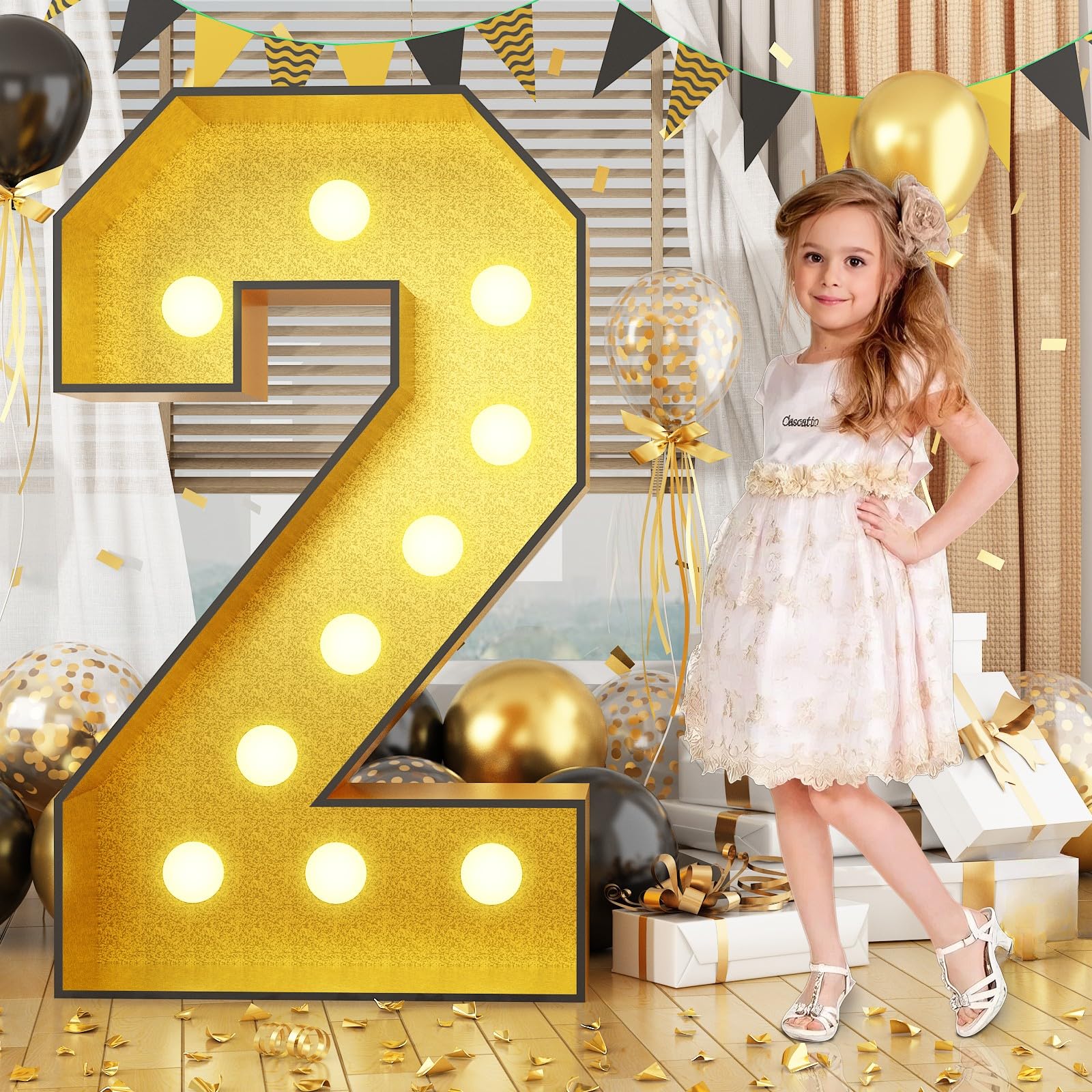 4FT Marquee 2 Numbers, Light Up Numbers 2 Mosaic Numbers Glitter Gold Black Light Up Letter Pre-cut Foam Board Sign Marquee for Birthday Party