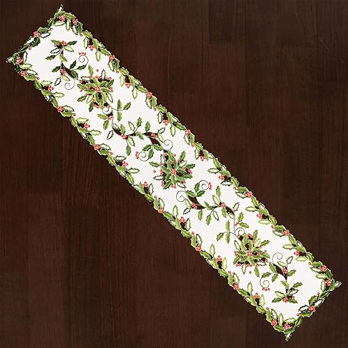 Miniatura 3 de Camino de mesa bordado de hojas de acebo y bayas para vacaciones de Navidad (14 x 70 pulgadas)