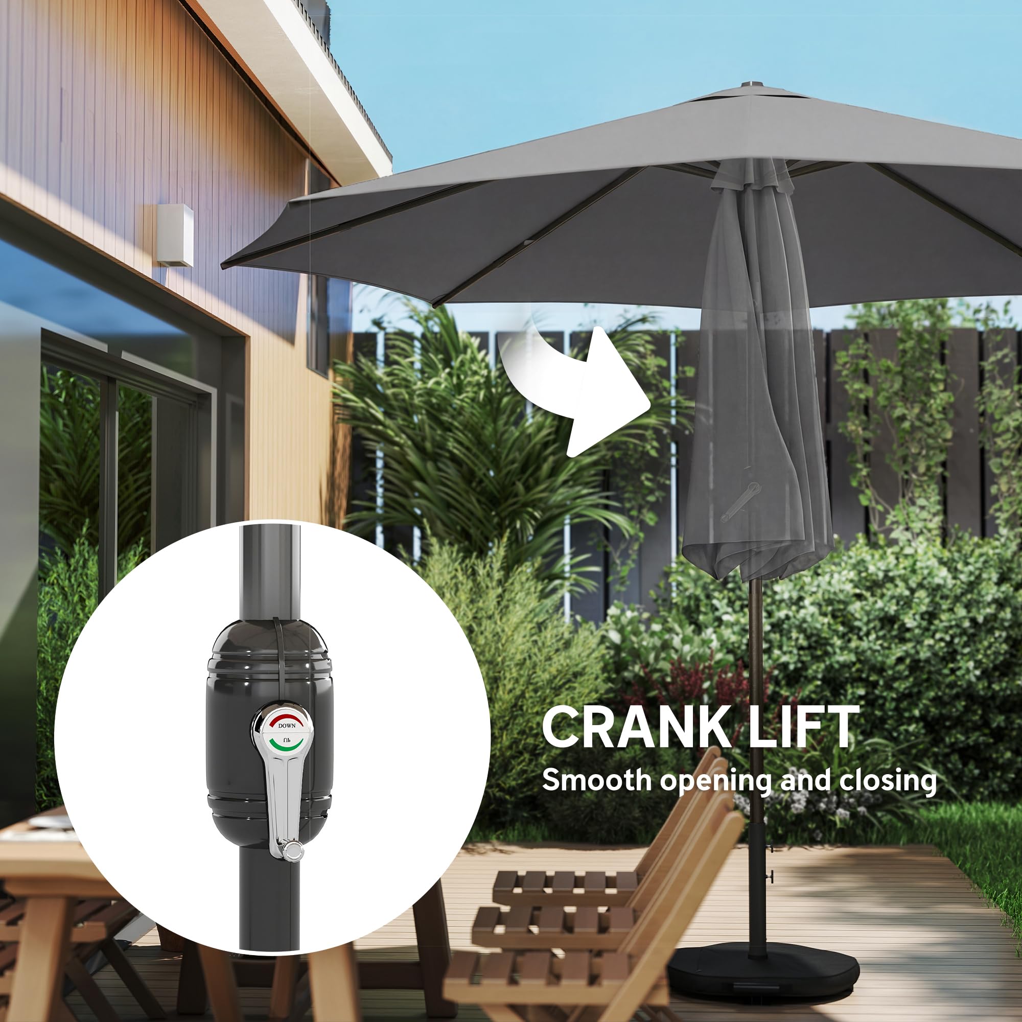 Outsunny 2.7 m Garden Parasol Umbrella with Cross Base and Sandbag, Retractable Ribs, Outdoor Table Market Patio Umbrella Sun Shade with 30 Degree Tilt and Crank, Vent — view 9