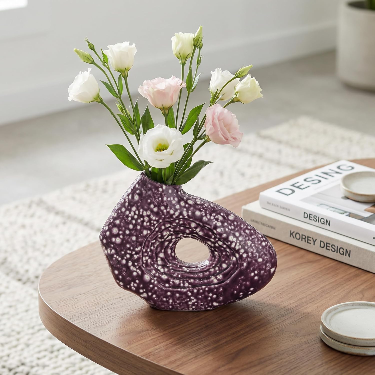 Sunddo Purple Ceramic Vase for Home Decor, 7 Inch Small Modern Flower Vase, Unique Decorative Vase for Flowers, Living Room, Bedroom, Centerpiece Table, Office Desk, Bookshelf Decor