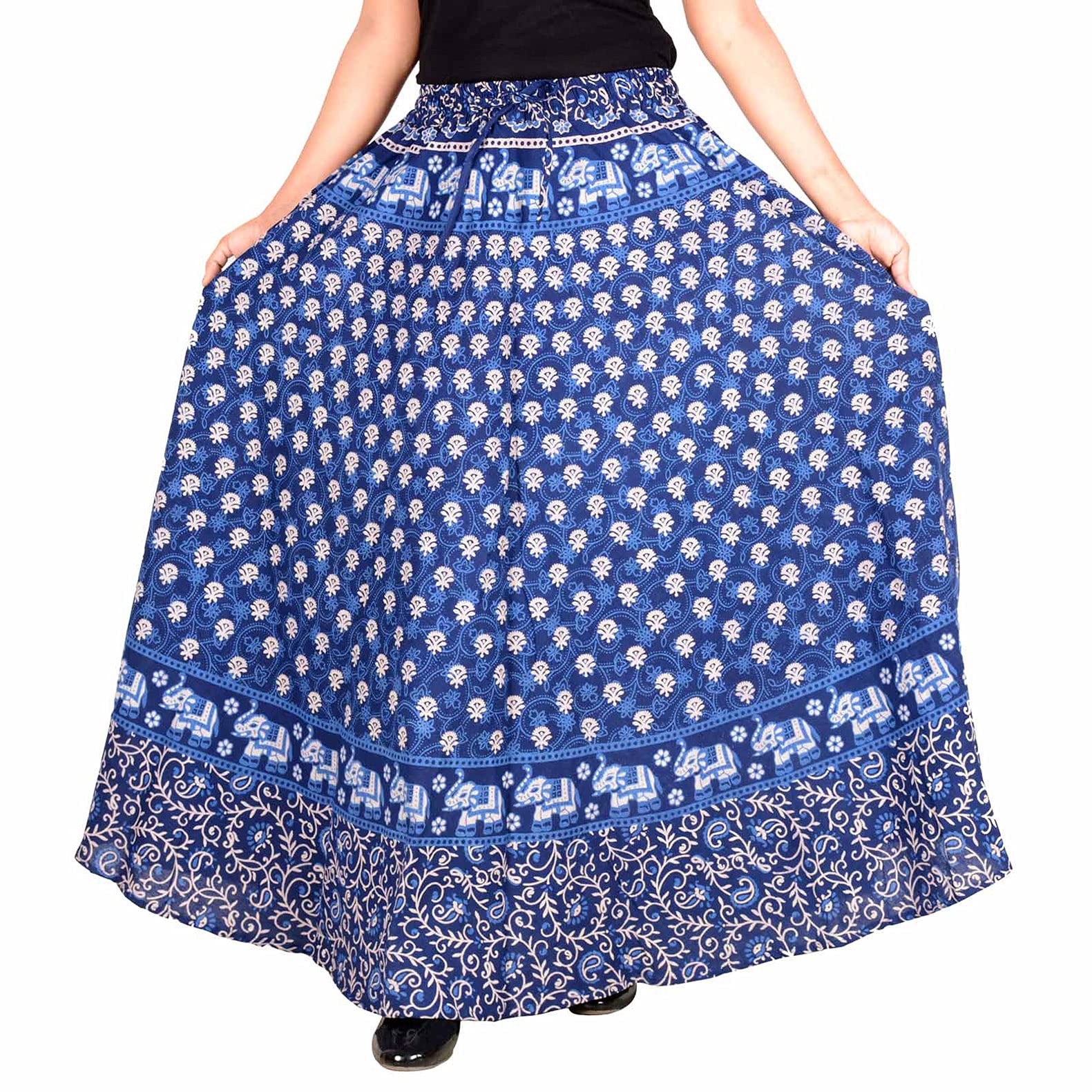 36 Inch Length Women's Cotton Printed Regular Long Elasti Skirt for Women (E_E36NTB_0009-8XL; Blue; 8XL)-image-2
