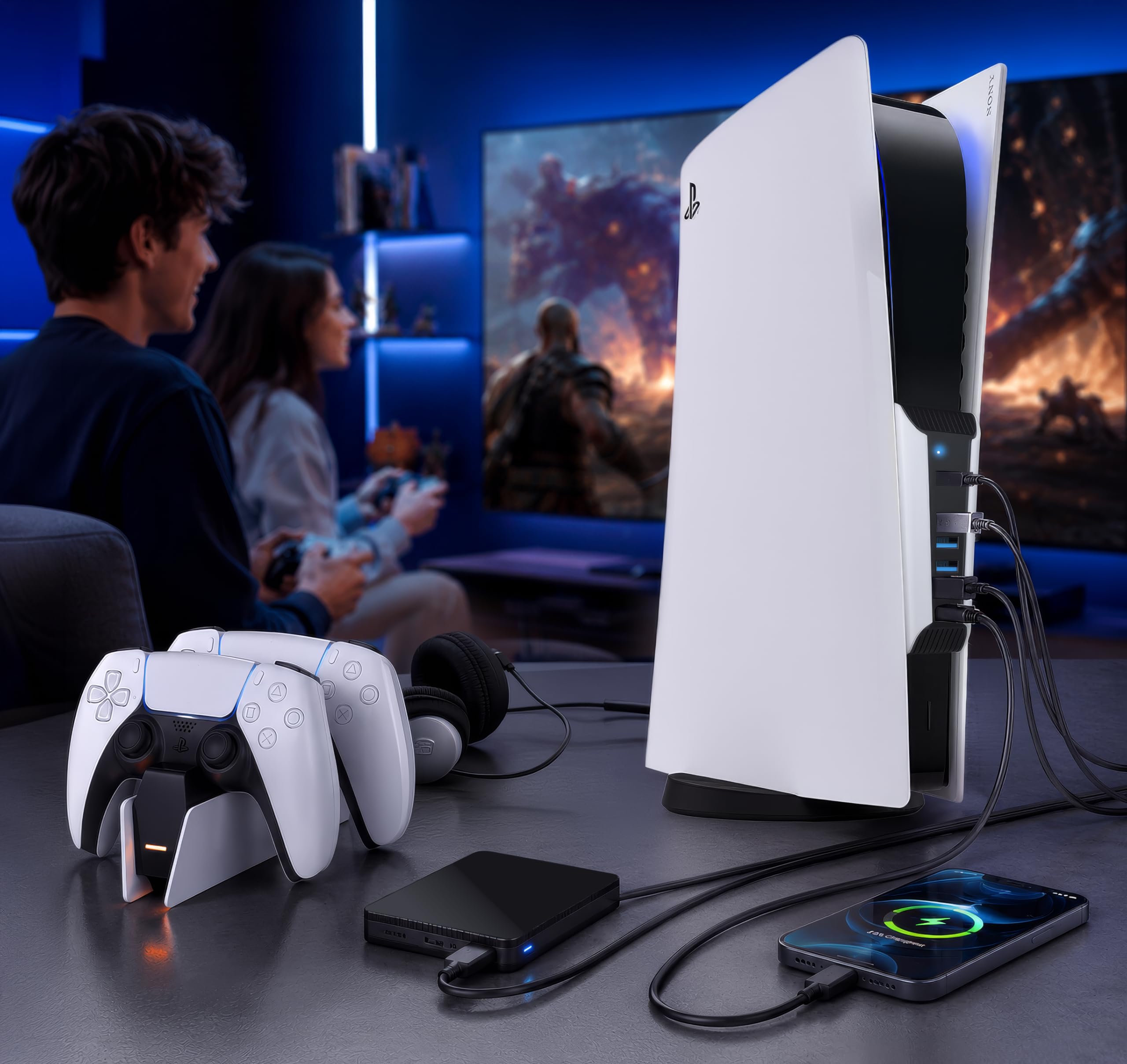 Hub do PS5, przedłużacz ładowarki USB o dużej prędkości, kompatybilny z konsolą do gier Playstation 5, 4 USB + 1 port ładowania USB + 1 port typu C