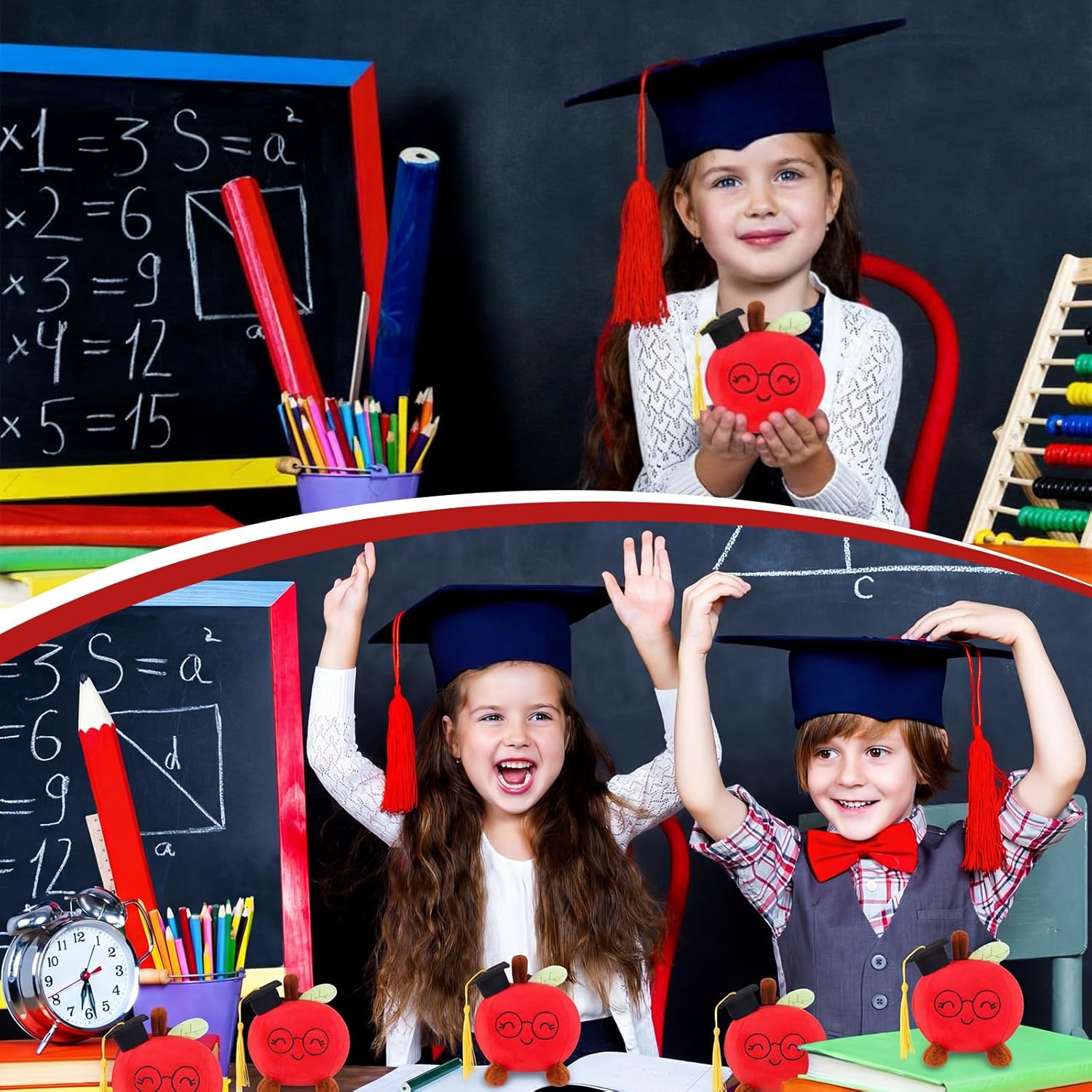 Civaner 36 Pcs/12 Set 2026 Graduation Apple Plush Stuffed Gifts for Kids Bulk 4" Red Apple Plush Stuffed with Graduation Cap Way to Grow Cards and Bags for College High School Kindergarten Supply