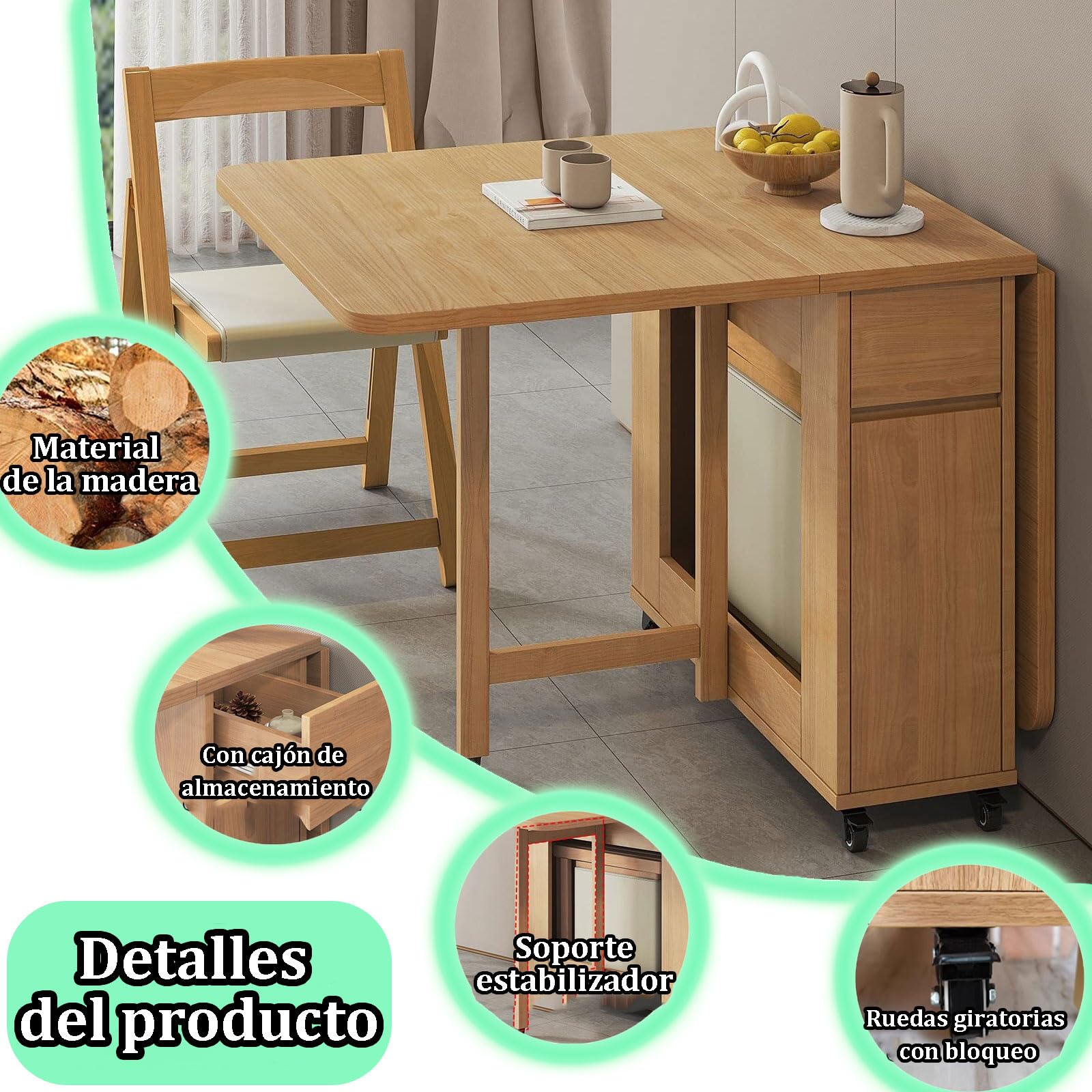 Genérico Juego de Mesa de Comedor Plegable con 4 Sillas | Madera, Extensible, Patas Ajustables, Abatible, Para 6-8 Personas