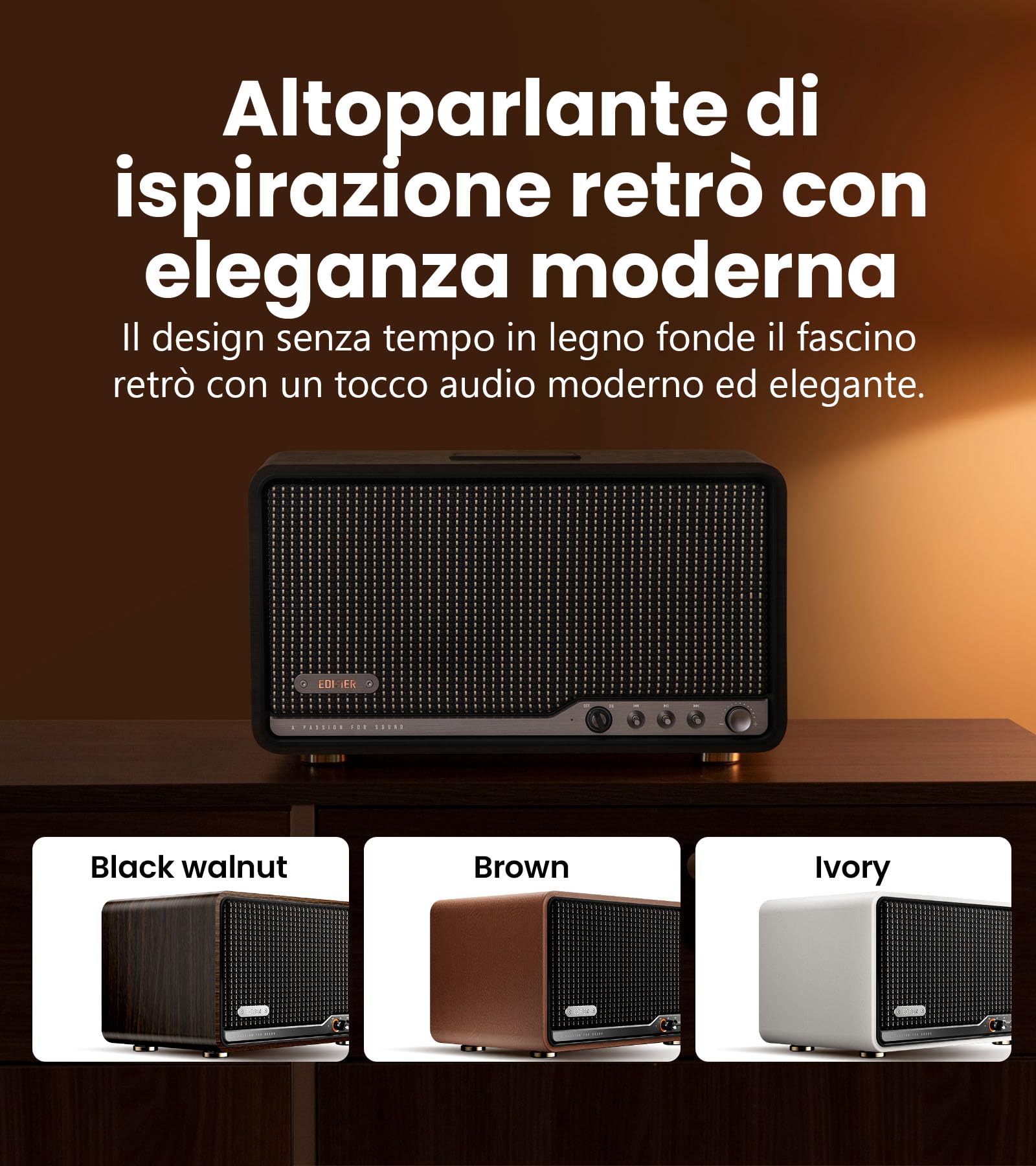 Edifier S300 Altoparlante Retro da Tavolo, Audio Hi-Res Cablato e Wireless, Potenza 80W (RMS), Bluetooth 5.4 Multi-punto, WiFi Multi-stanza (AirPlay 2), Ingressi AUX e USB-C, Noce Nero