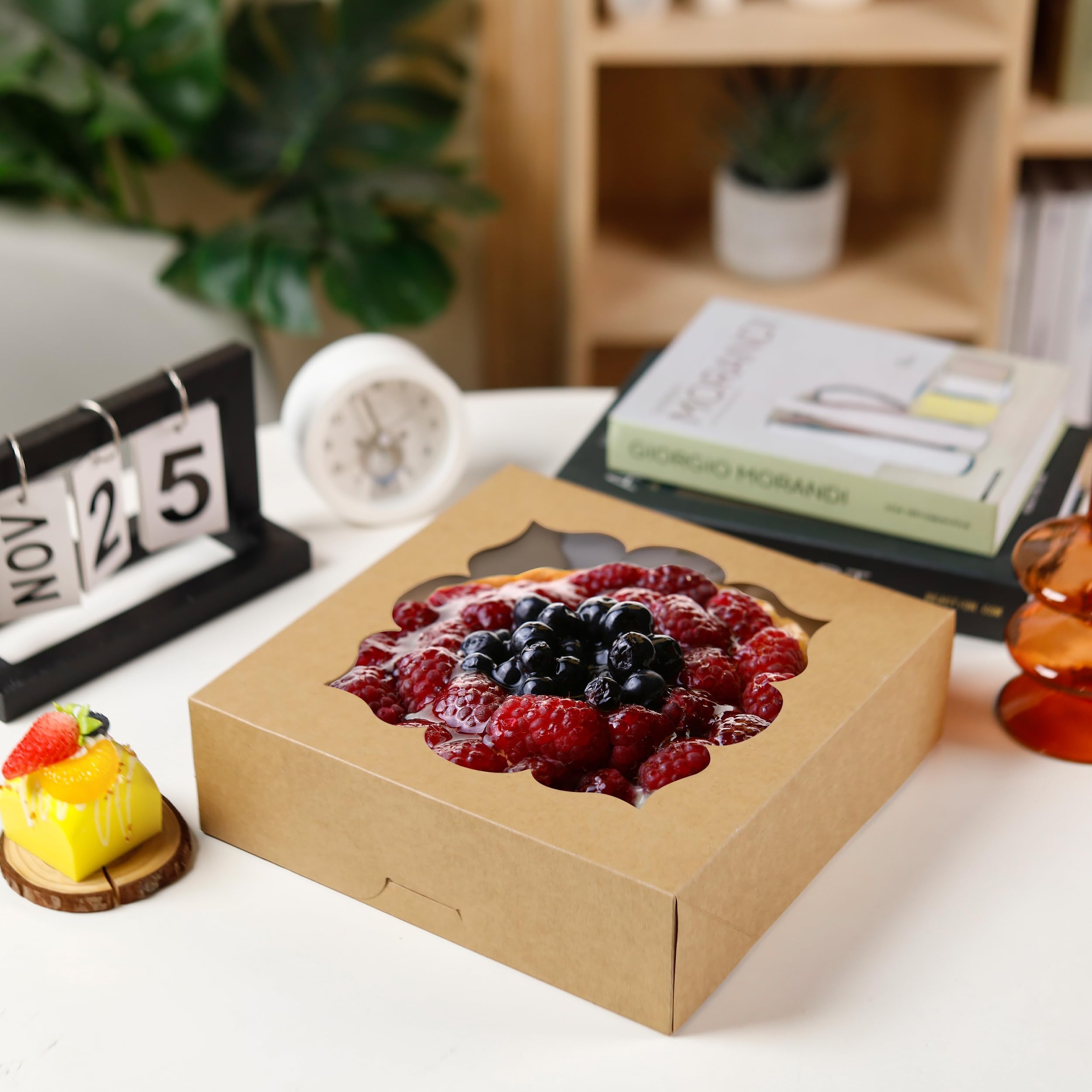 NPLUX Paquete de 20 cajas para pasteles de 10 x 10 x 3 pulgadas con cajas para pasteles de ventana, para tartas, tartas de queso y fresas de chocolate (marrón)