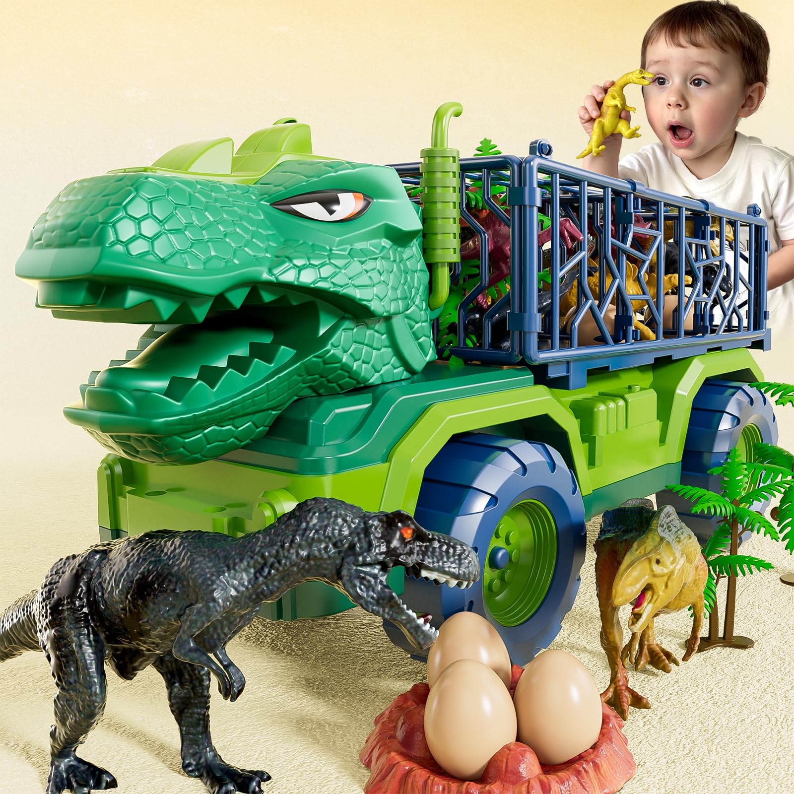 BLmukce Dinosaur Truck Toys for Boy Kids 3-5 Years, Triceratops Transport Car Carrier with 8 Dinosaur Figures, Play Mat, Egg