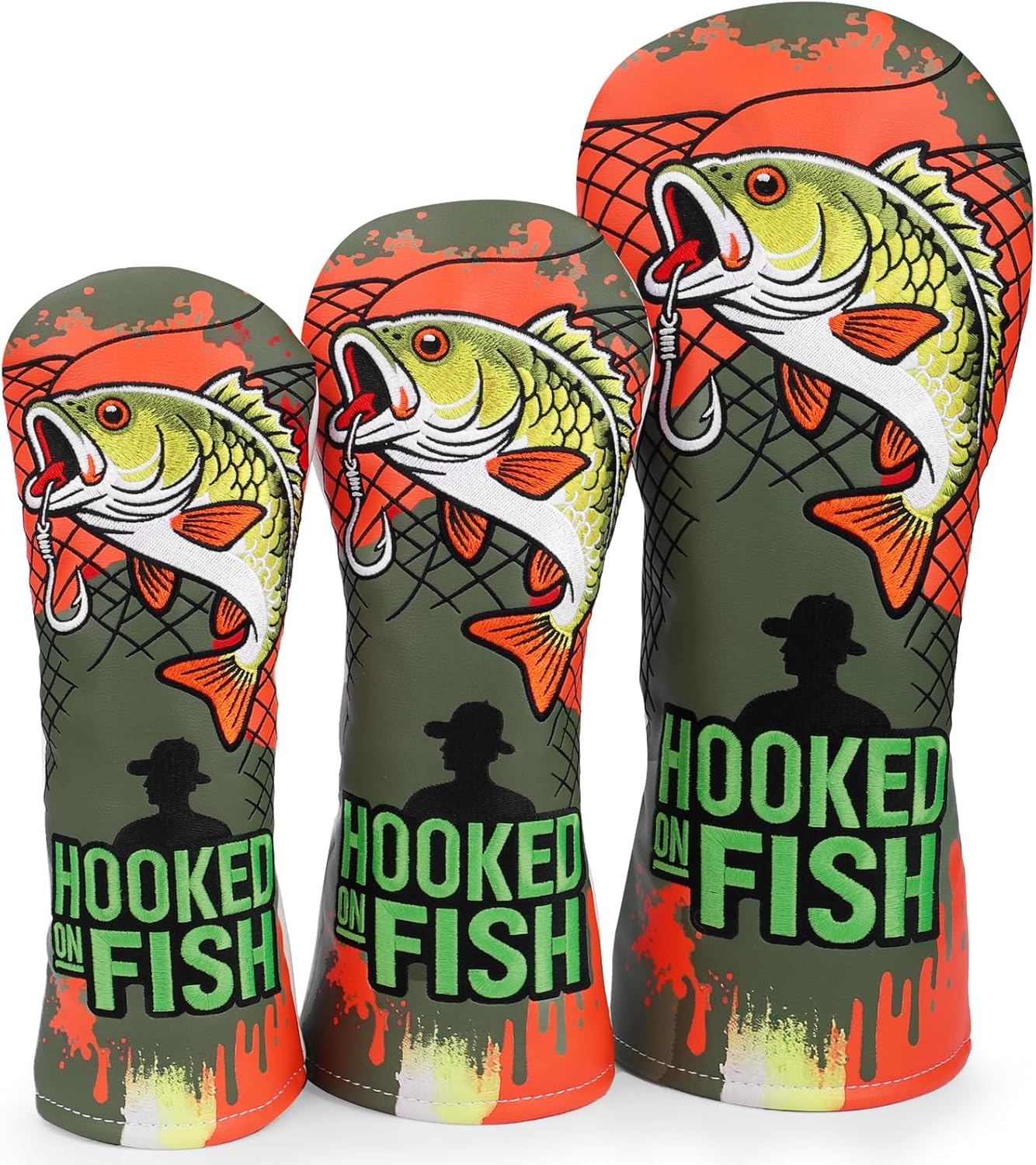 Golf Headcovers by HOOKED ON GOLF | Hook ON Fish Fishing Theme | 460cc Driver, 3 Wood, Hybrid Headcover | Single 1pc or Complete 3pc Set