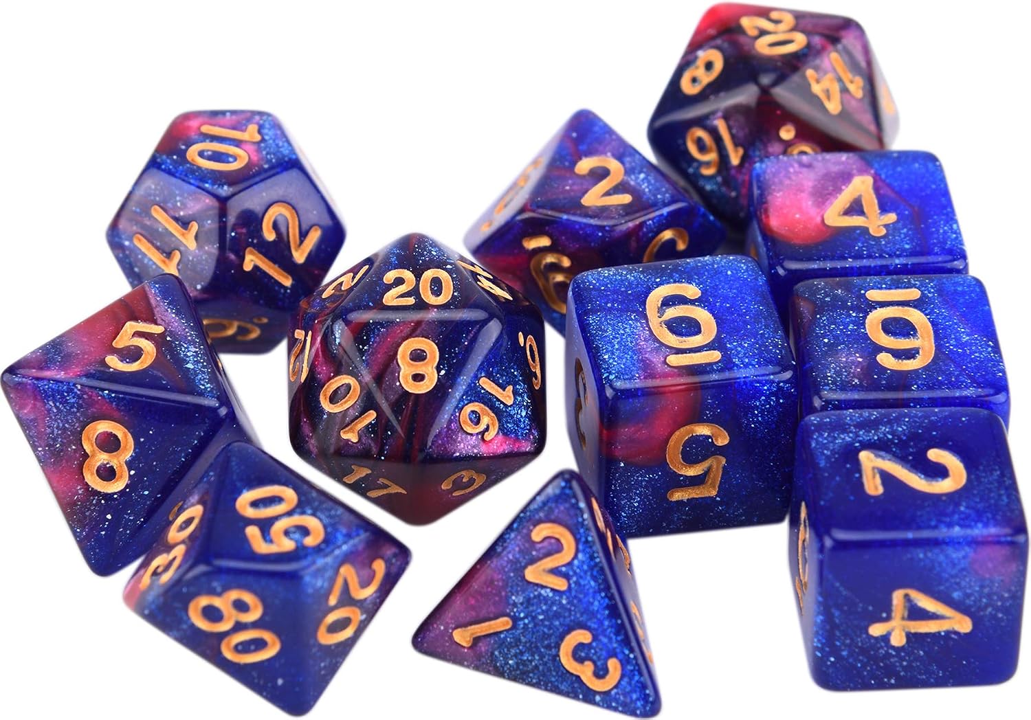 11 Piece Glitter RPG Dice Set Blue Red with Drawstring Bag for Dungeons and Dragons 5e DND Tabletop Games