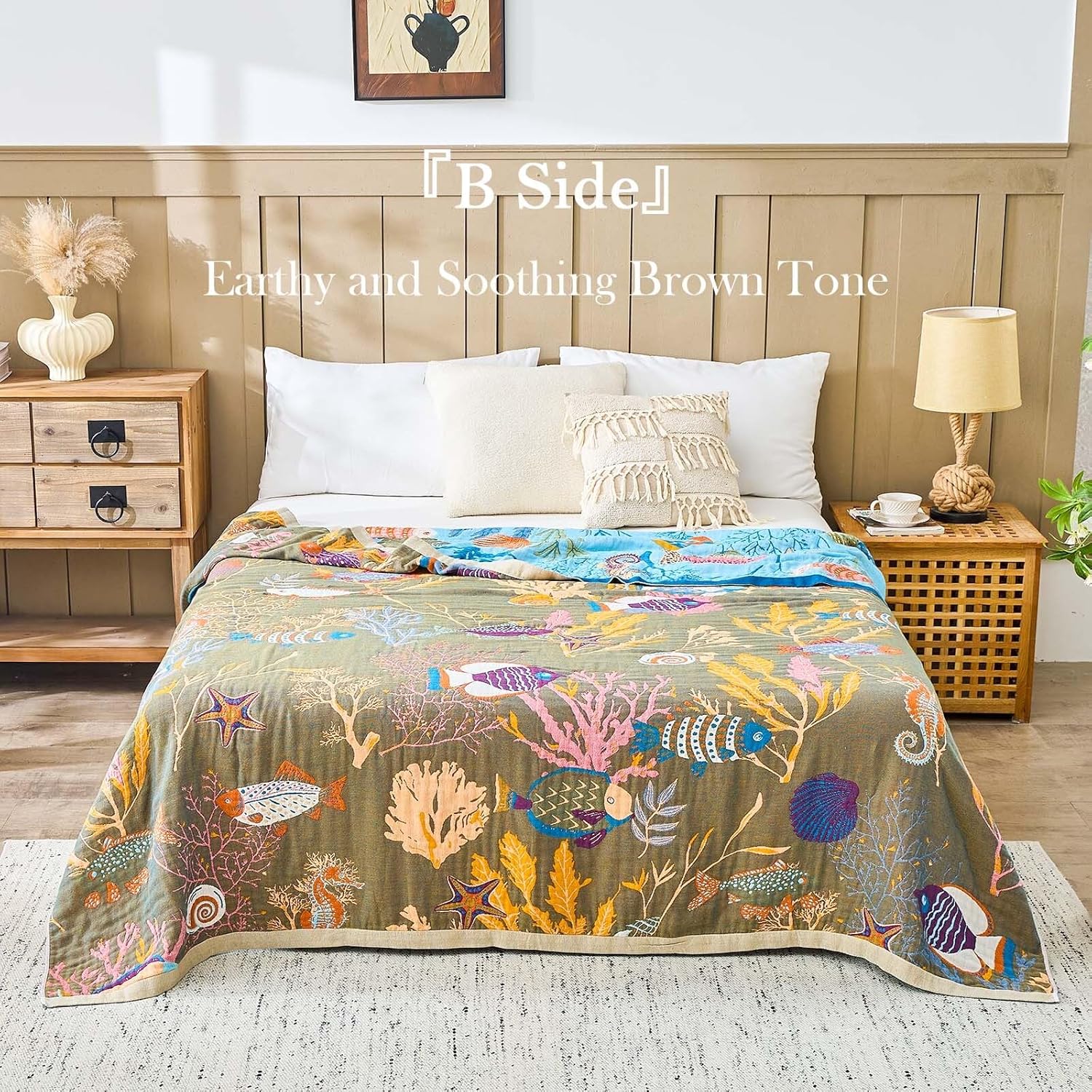 Blue Boho Blanket, 60"x80" Soft Farmhouse Decorative Throw Blanket, 100% Cotton Reversible Vintage Muslin Quilt Bohemian Decor Woven Blanket All Season Blankets for Sofa Couch Chair - Image 3