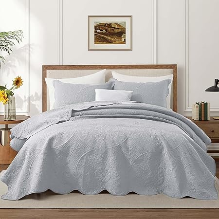 IR Imperial Rooms Twin Quilt Bedding Set Size (68” x 86”) + 1 Pillow Shams (20” x 26” + 2”) - 2 Pcs All Season Lightweight Reversible Microfiber Coverlet Floral Embossed Quilt Bedspread (Silver)