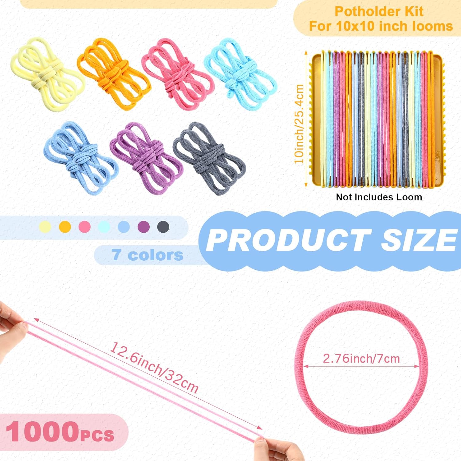Daifunli 1000 Pcs 10 Inch Potholder Loom Loop Bulk, Weaving Loop Craft Kit, Flexible Potholder Loom, Complete Kit to Weave 18 Large, Refill Elastic Colorful Weaving for DIY Crafts (Multicolor)