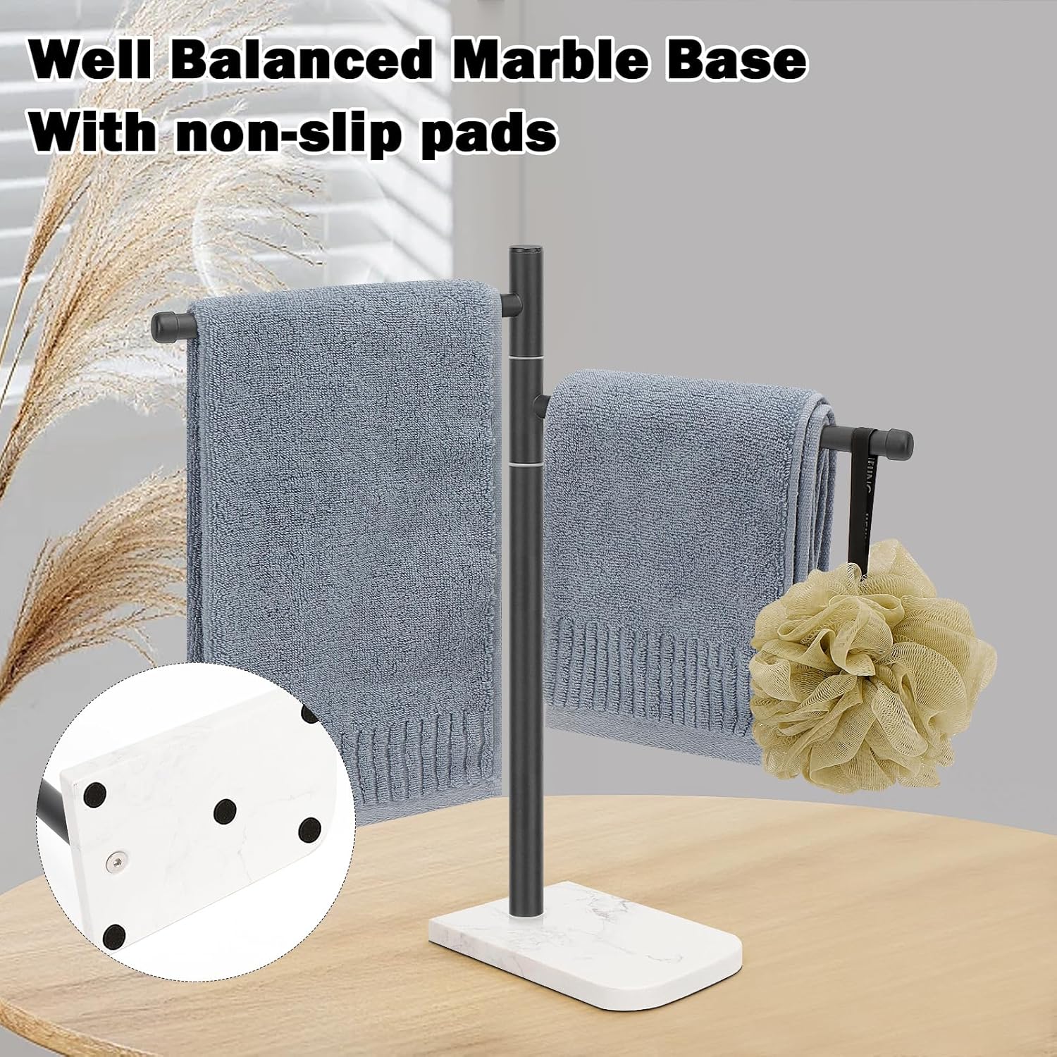 Standing Hand Towel Holder, Hand Towel Stand with Marble Base, 304 Stainless Steel Towel Rack with 2 Swivel Arm, Countertop Stand Towel Ring Towel Bar for Bathroom (Matte Black)