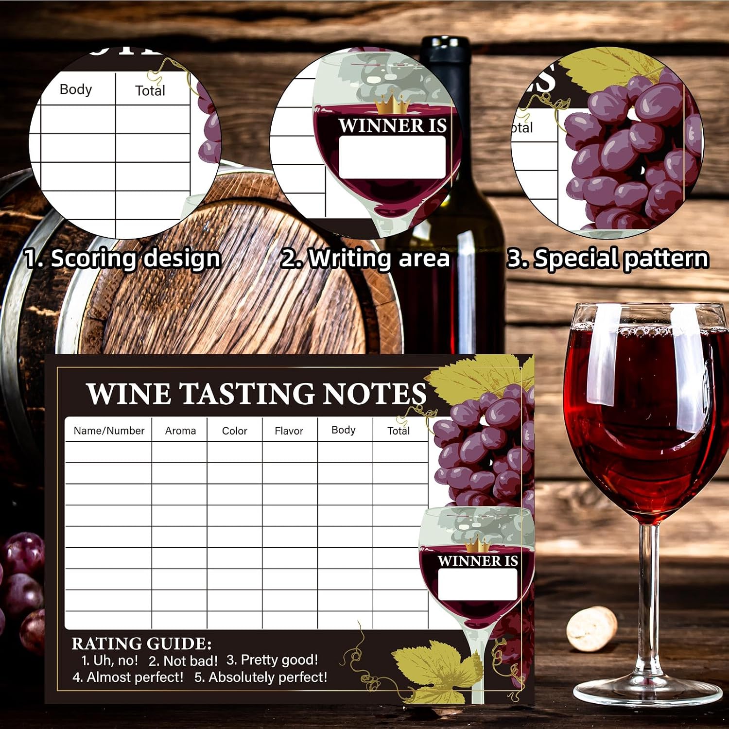 lasuroa 30pcs Wine Tasting Scorecards, Blind Tasting Note Sheets Record Cards Vintage Party Supplies for Wine Events & Club Gatherings