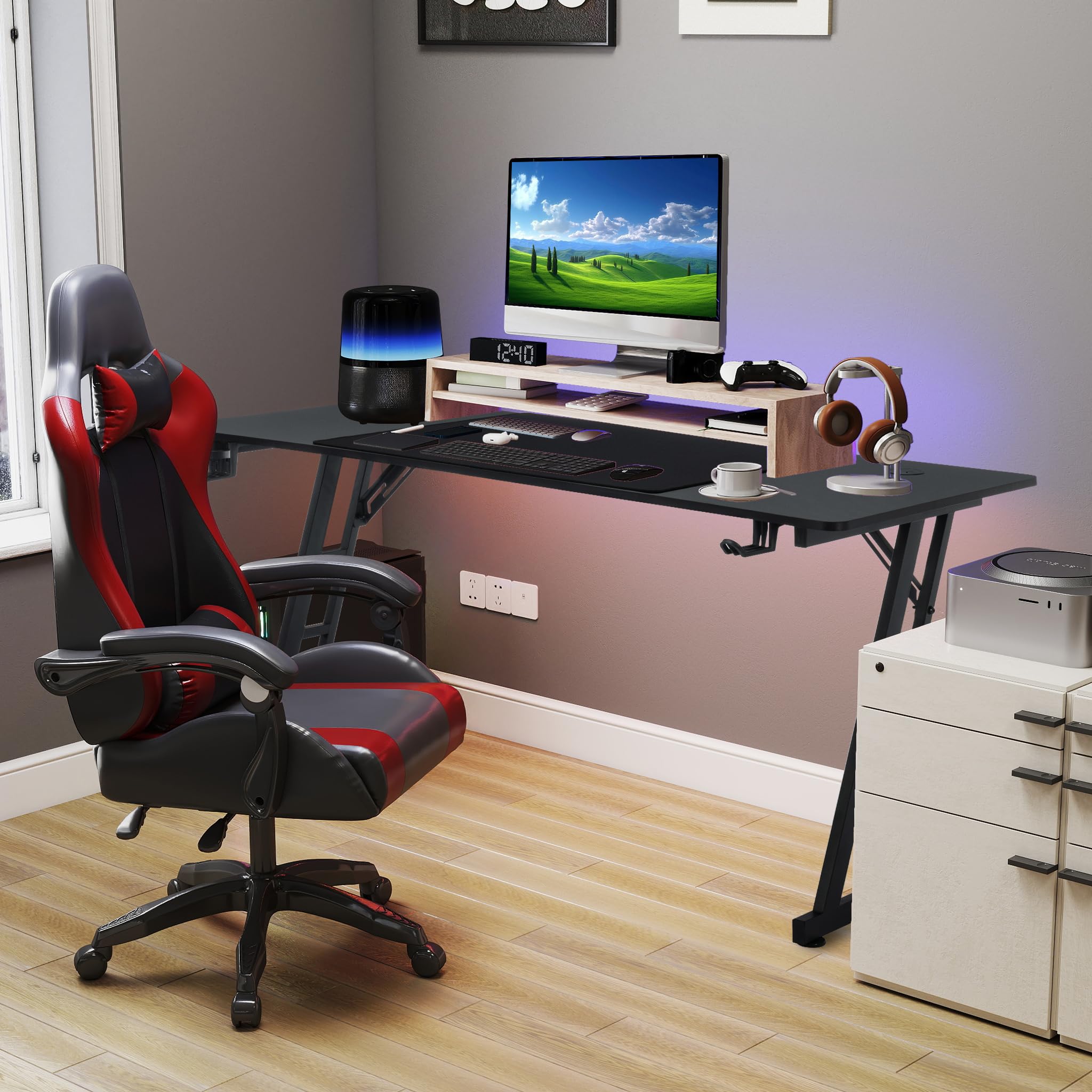 AufuN Gaming Tisch 120/140/160 x 60cm, Gaming Schreibtisch mit LED Beleuchtung, Kopfhörerhaken und Getränkehalter, Stabiler Computertisch Arbeitstisch, PC Tisch Gaming (Ohne LED, 160 x 60cm)