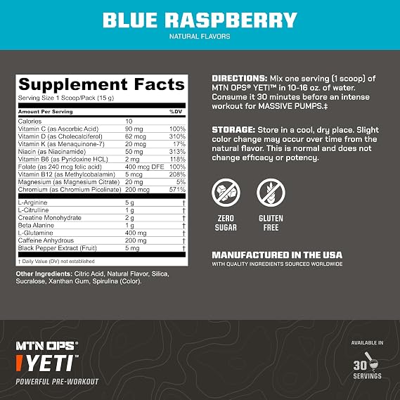 MTN OPS Yeti Pre-Workout Powder Energy Drink with Creatine, 200mg Caffeine & BCAAs with Beta Alanine, 30-Serving Tub, Blue Raspberry