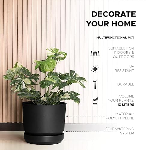 Miniatura 10 de Elly Décor Maceta cilíndrica de plástico de 14 pulgadas con platillo de riego automático y agujero de drenaje, ligera y extremadamente duradera, 14