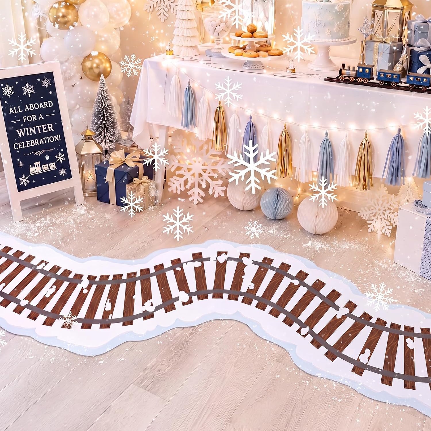 Oudain 10 ft Train Birthday Party Decorations Train Railroad Track Signs Table Floor Railroad Aisle Decor for Birthday Party School Classroom Decor Christmas Express Rail Road Decoration