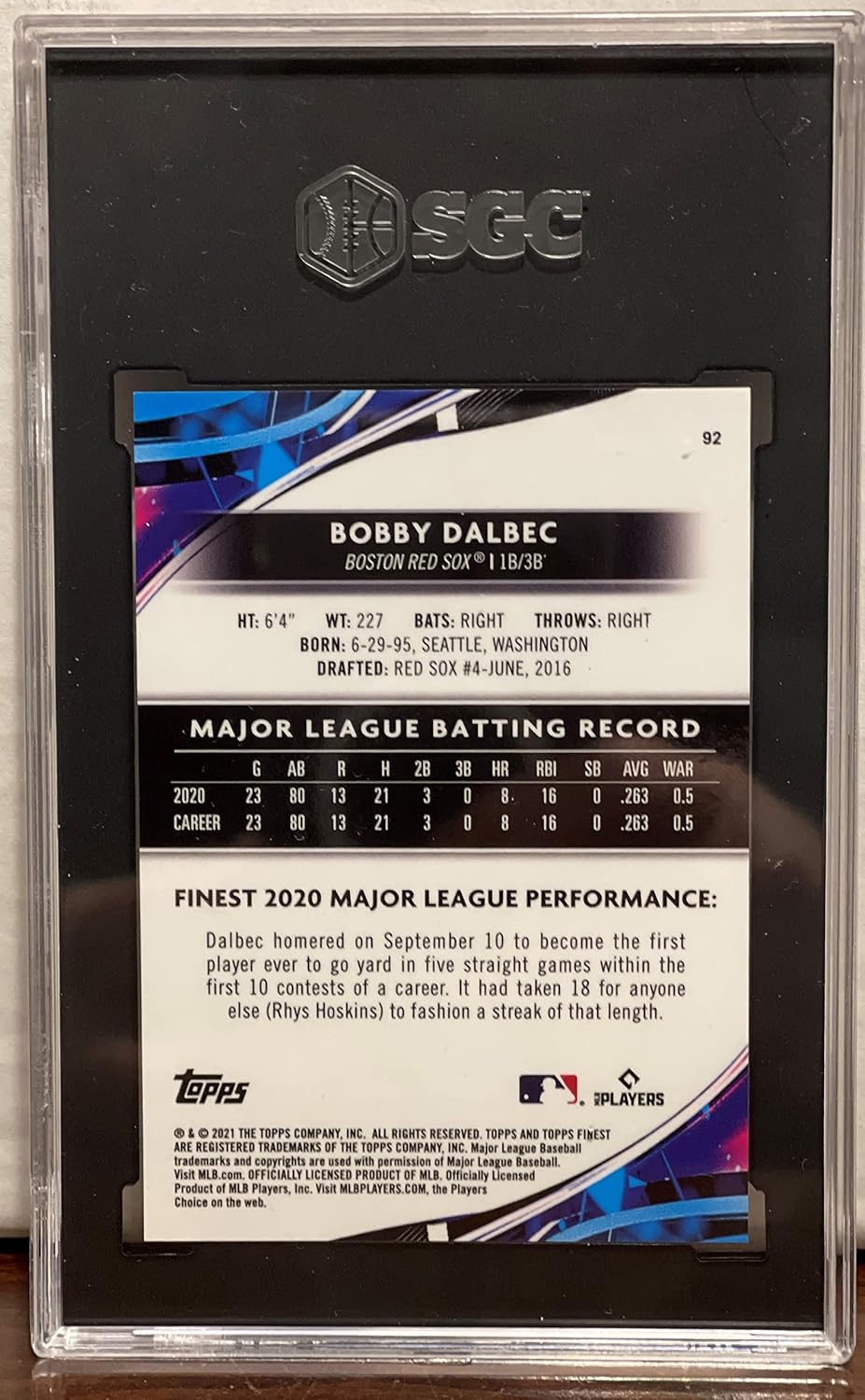Bobby Dalbec Serial Numbered #146/250 Graded SGC GM 10 Aqua Vapor Refractor Rookie Card Collectible Baseball Card - 2021 Topps Finest Baseball Card #92 (Red Sox) Free Shipping