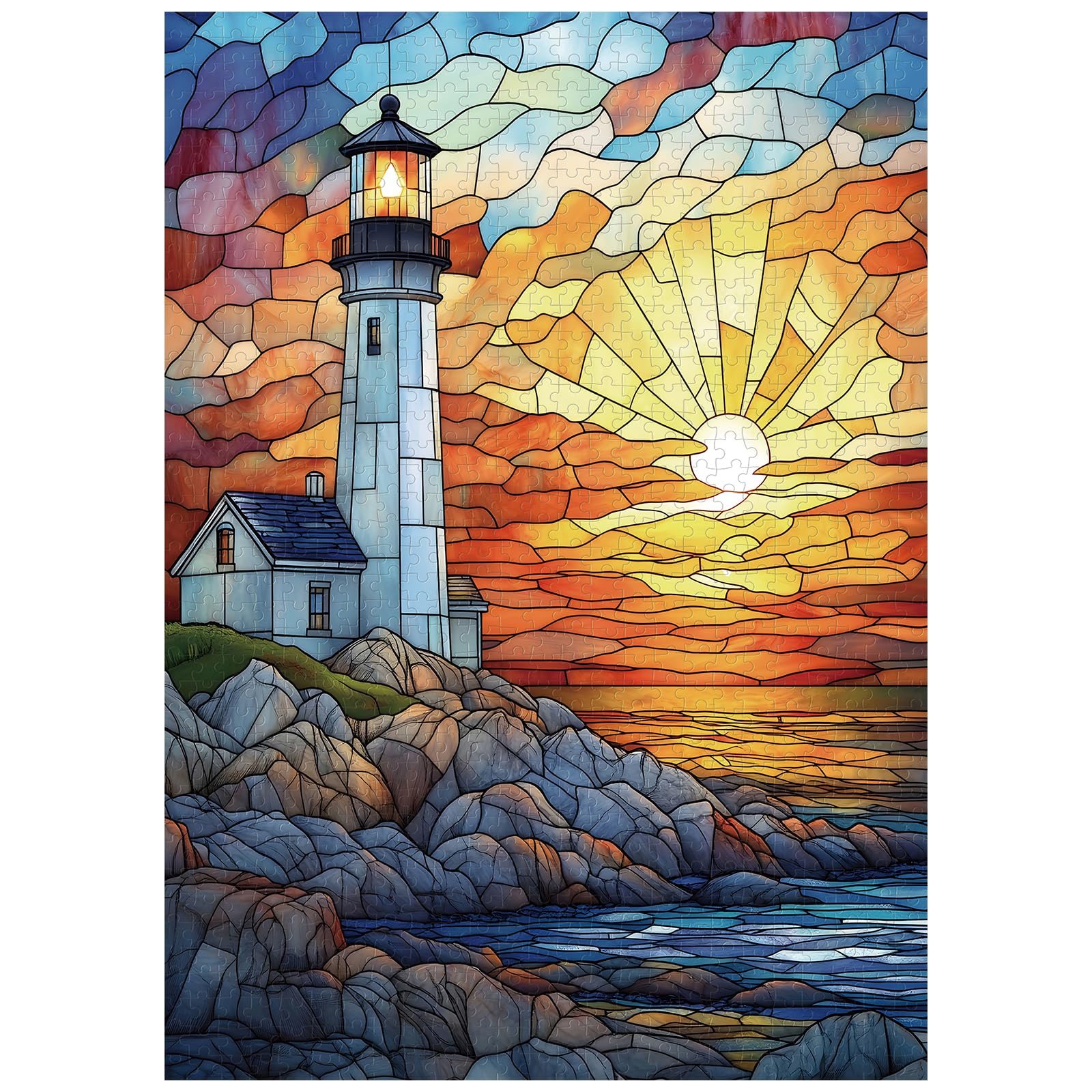 Great Jigsaw Puzzles for Adults 1000 Pieces Stained Glass Lighthouse Wooden Challenging Puzzles Gift for Friends Family Home Decoration Puzzle