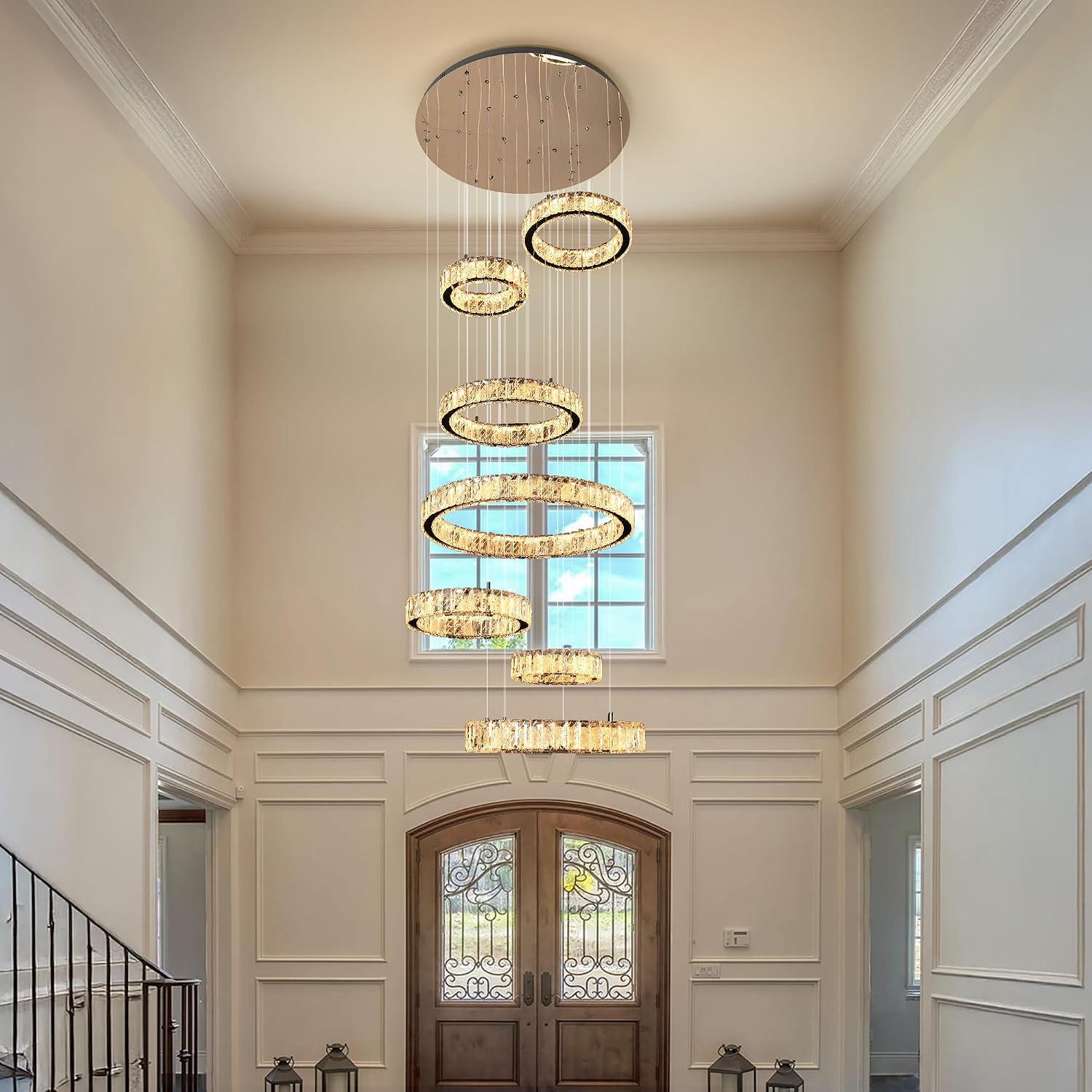 Foyer Chandeliers for High Ceilings, 7-Ring, 158", Luxury Modern Large Crystal High Ceiling Chandelier, Dimmable LED with Remote, for Staircase, 2-Story, Double Height Living Room, Entryway