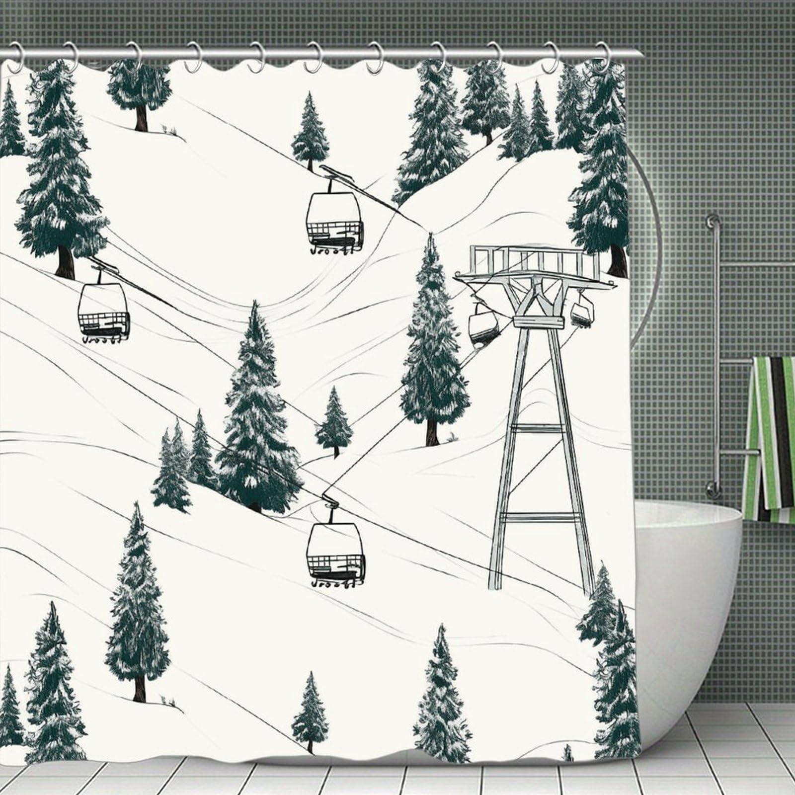 FekiLoot Ski Lift with Fir Tree Shower Curtain Minimalist Thick Bathroom Curtain Washable Modern Bathroom Shower Curtain Heavy Duty Waterproof Cloth Bath Curtain with Hooks 70.8"x70.8"