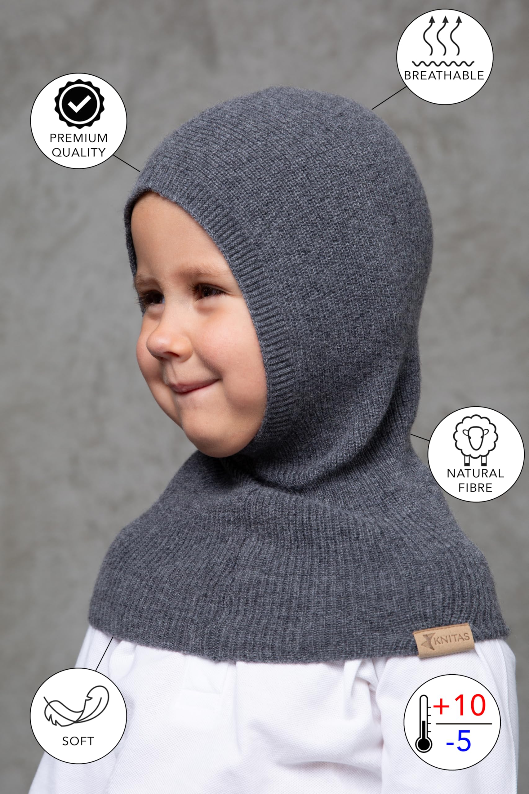 Gorro de una Sola Capa Tejido en Lana Merina y Cachemira (-5+10°C) para niños pequeños I Pasamontañas súper Suave I Gorro de Primavera, otoño para niños en Beige, Rosa, Gris, Fucsia y Negro