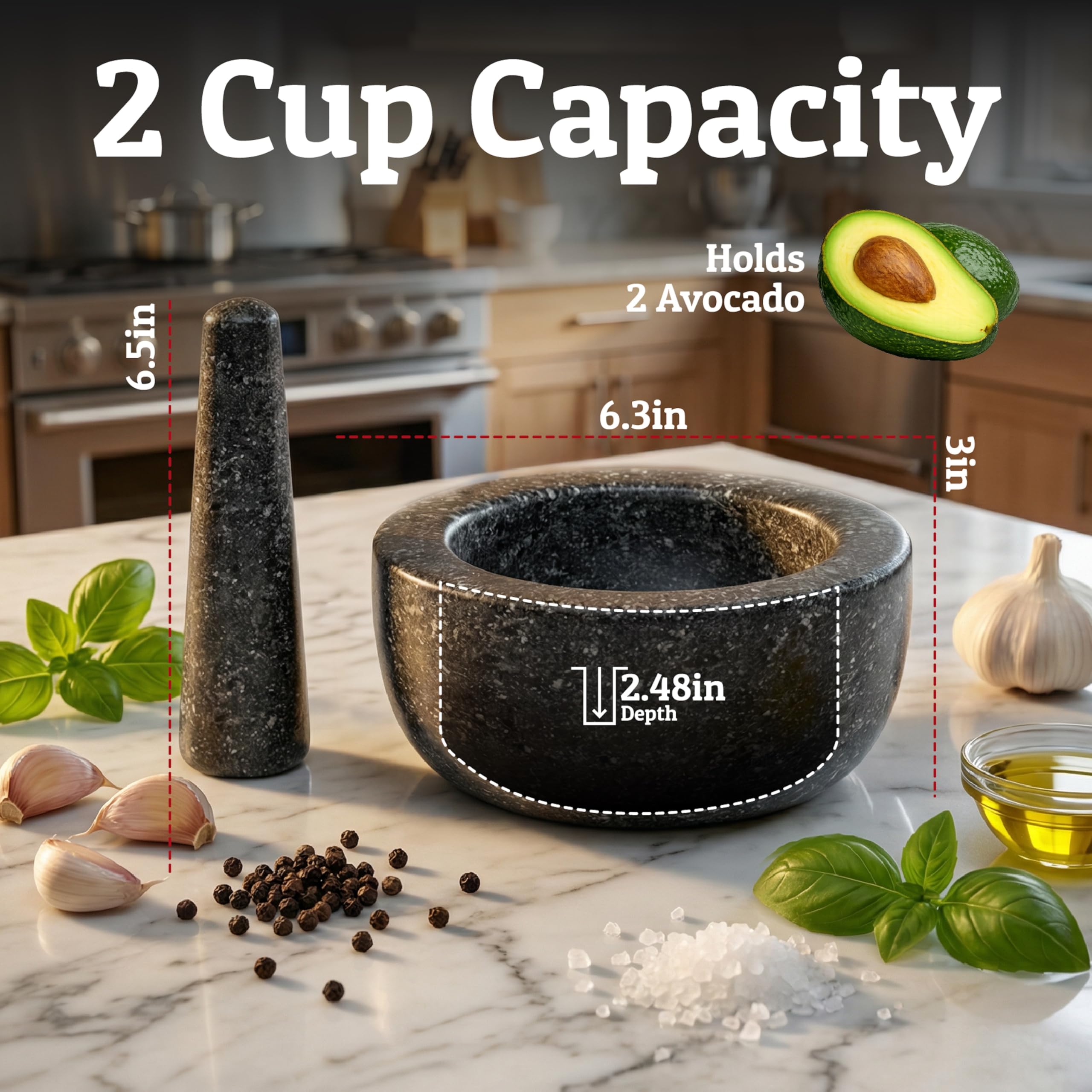 Juego de mortero y pilón grande resistente, tallado a mano de granito natural, para hacer guacamole fresco, salsa, pesto, tazón de molinillo de piedra, triturador de hierbas, molinillo de especias,