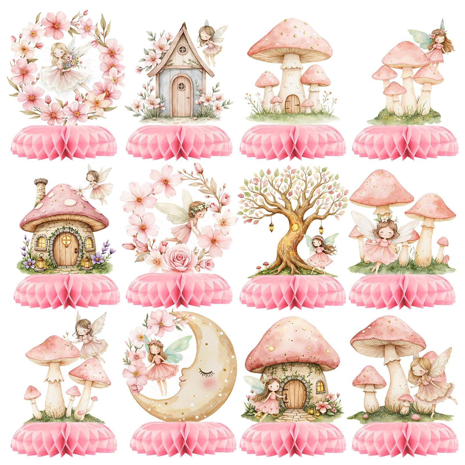 Exylosluxek Fairy First Birthday Decorations, Fairy Birthday Party Decorations, 12 Pack Honeycomb Birthday Table Centerpieces, Watercolor Fairy Tale Paper Ornaments