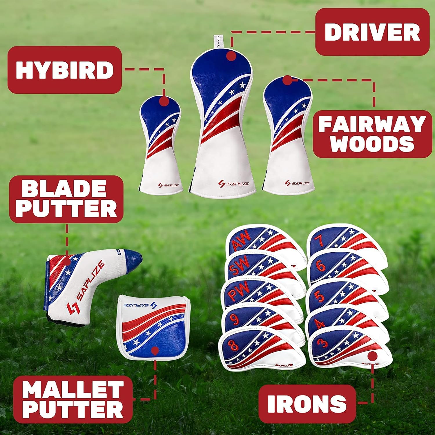 SAPLIZE Golf Club Head Covers Fits Driver Fairway Wood and Hybrid, Premium PU Leather Golf Headcovers for Clubs Protector, Embroidered Stars and Stripes Flag Design : Sports & Outdoors