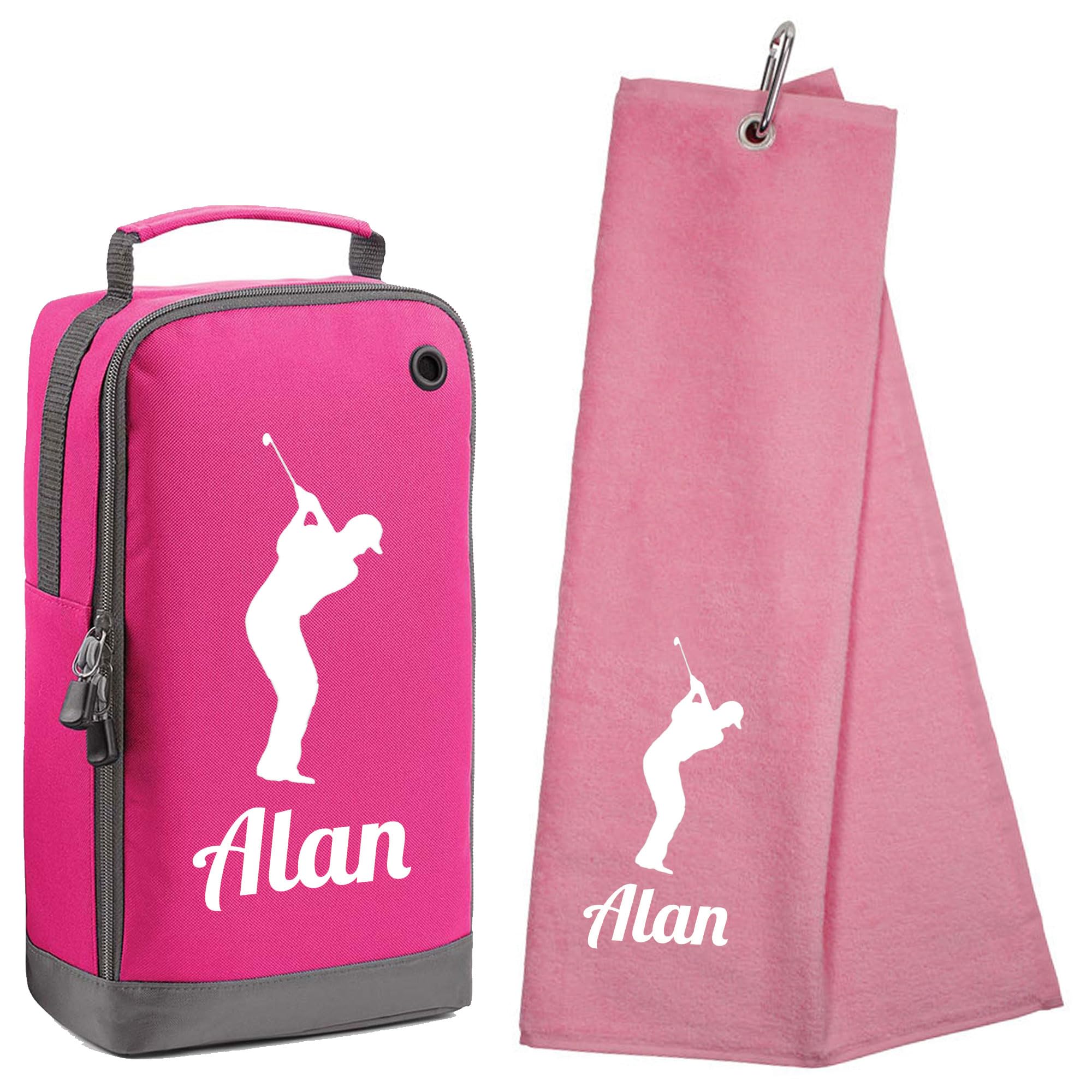 Always Looking Good Personalised Tri Fold Golf Towel & Shoe Bag Gift Set - Luxury Velour 50cm x 40cm Custom Towel & Shoe Bag - Pink