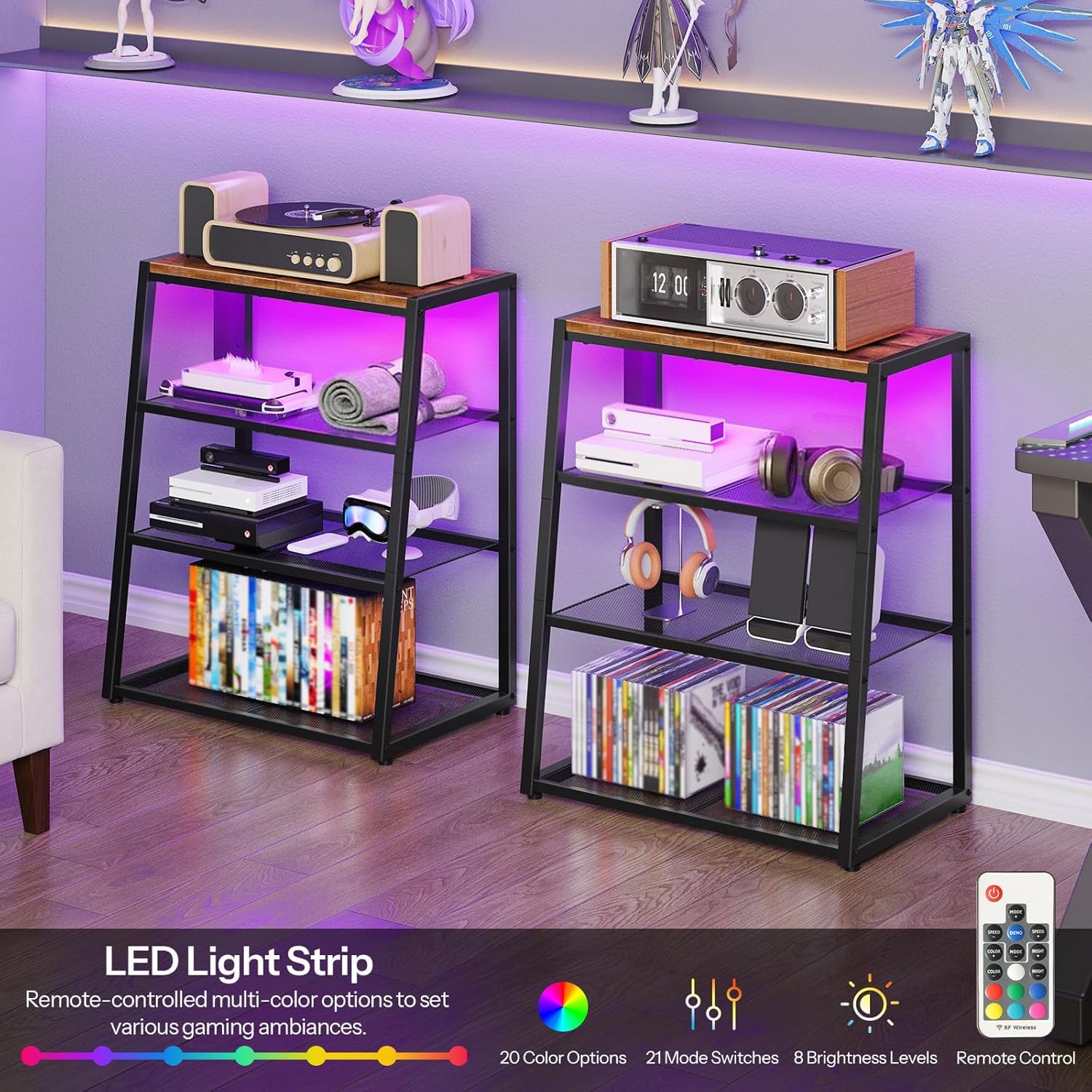 HOOBRO 4-Tier AV Media Stand, Stereo Stand with Charging Station and LED Light, Wooden Stereo Cabinet, Rack Audio Tower, Corner Entertainment Center, 30'', Rustic Brown and Black BF107UDCJ01