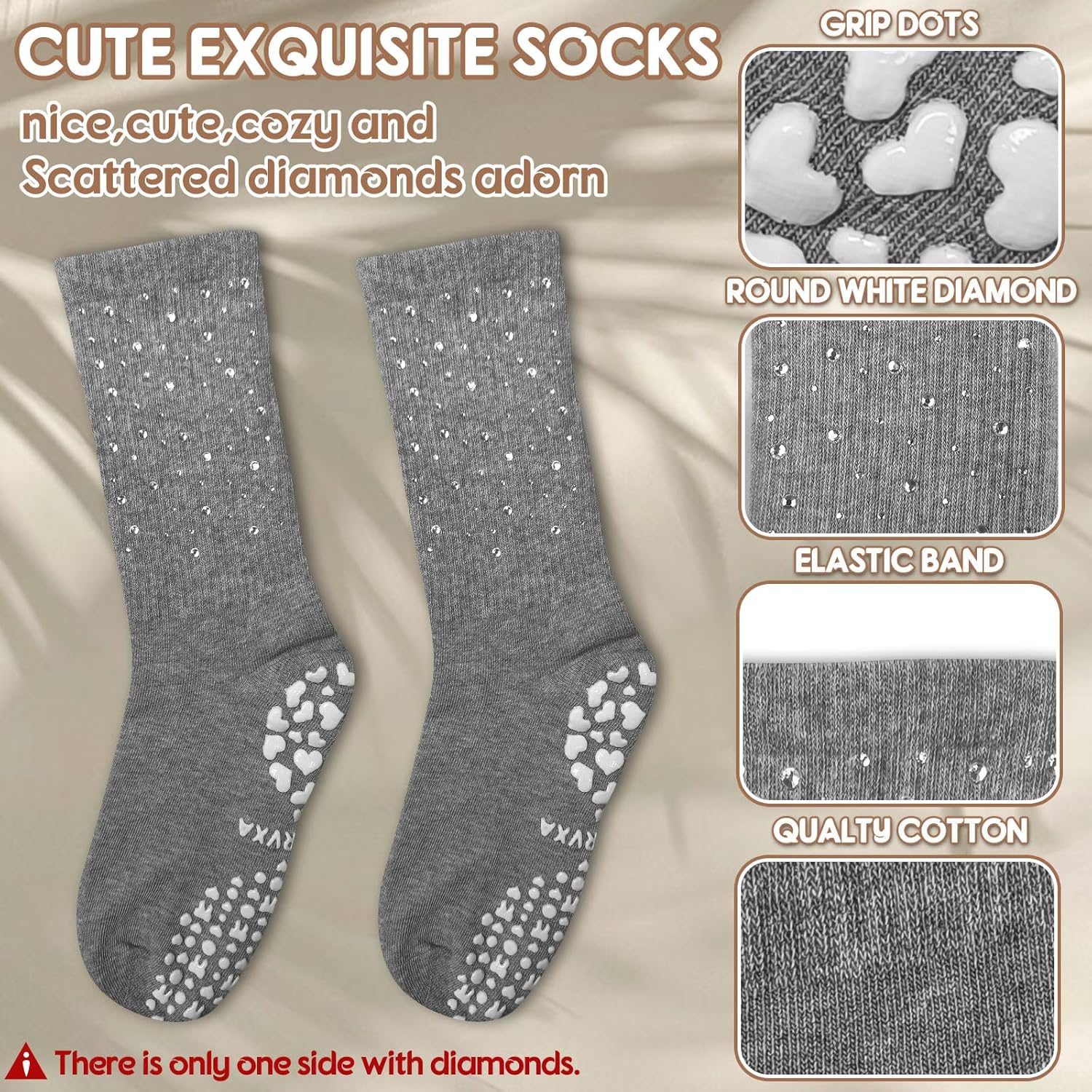 3 Pairs Cute Pilates Grip Socks for Women Bling Glitter Rhinestone Crew Non Slip Grip Socks for Yoga, Barre,Barefoot - Image 4