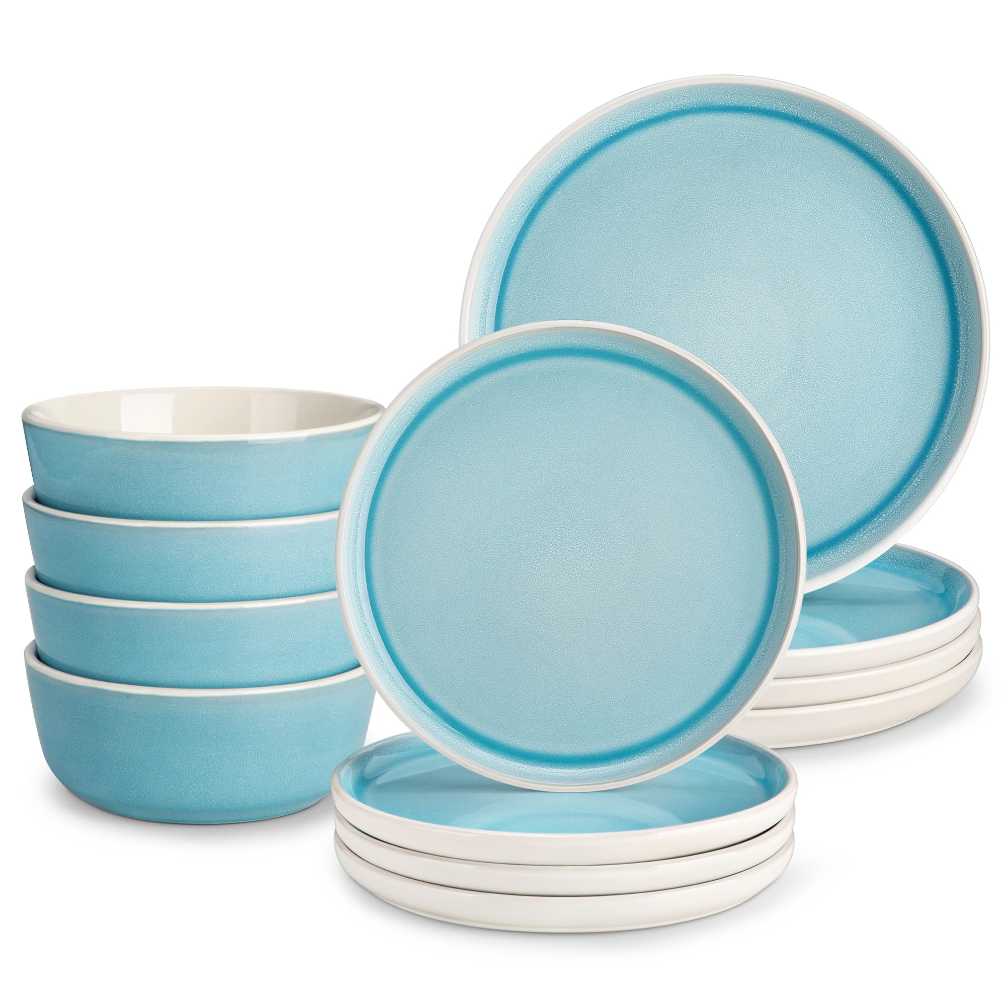 vancasso ELBA 12 Piece Dinner Set for 4, Durable Stoneware Plates and Bowls for Everyday Meals, Blue Reactive Glaze Set with Dinner Plates, Dessert Plates & Cereal Bowls, Microwave & Dishwasher Safe