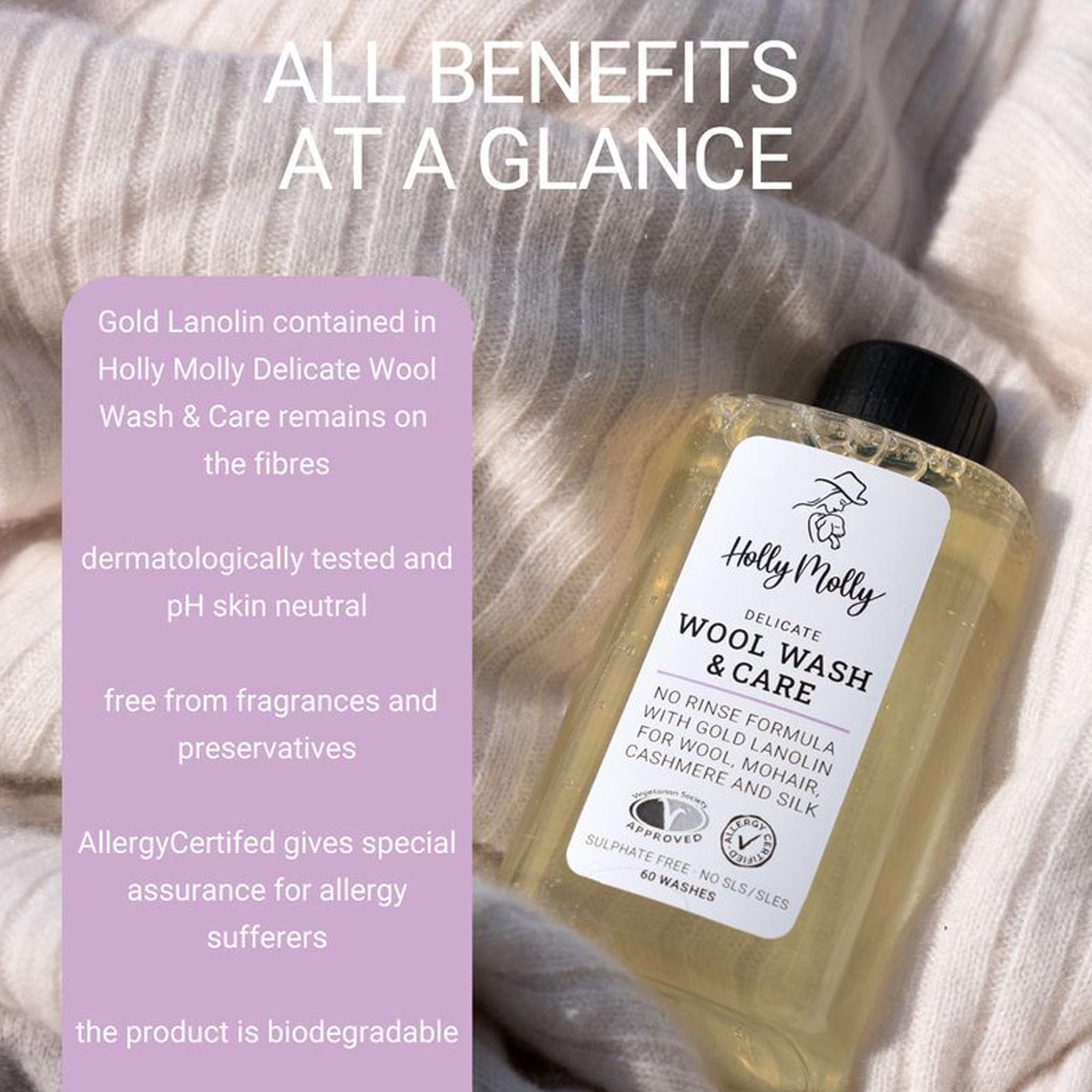Holly Molly Delicate Wool Wash & Care mit Gold Lanolin – Wollwaschmittel ohne Ausspülen, Allergiker geeignet – für Wolle, Kaschmir, Mohair, Alpaka Seide & feine Fasern – 60 Wäschen