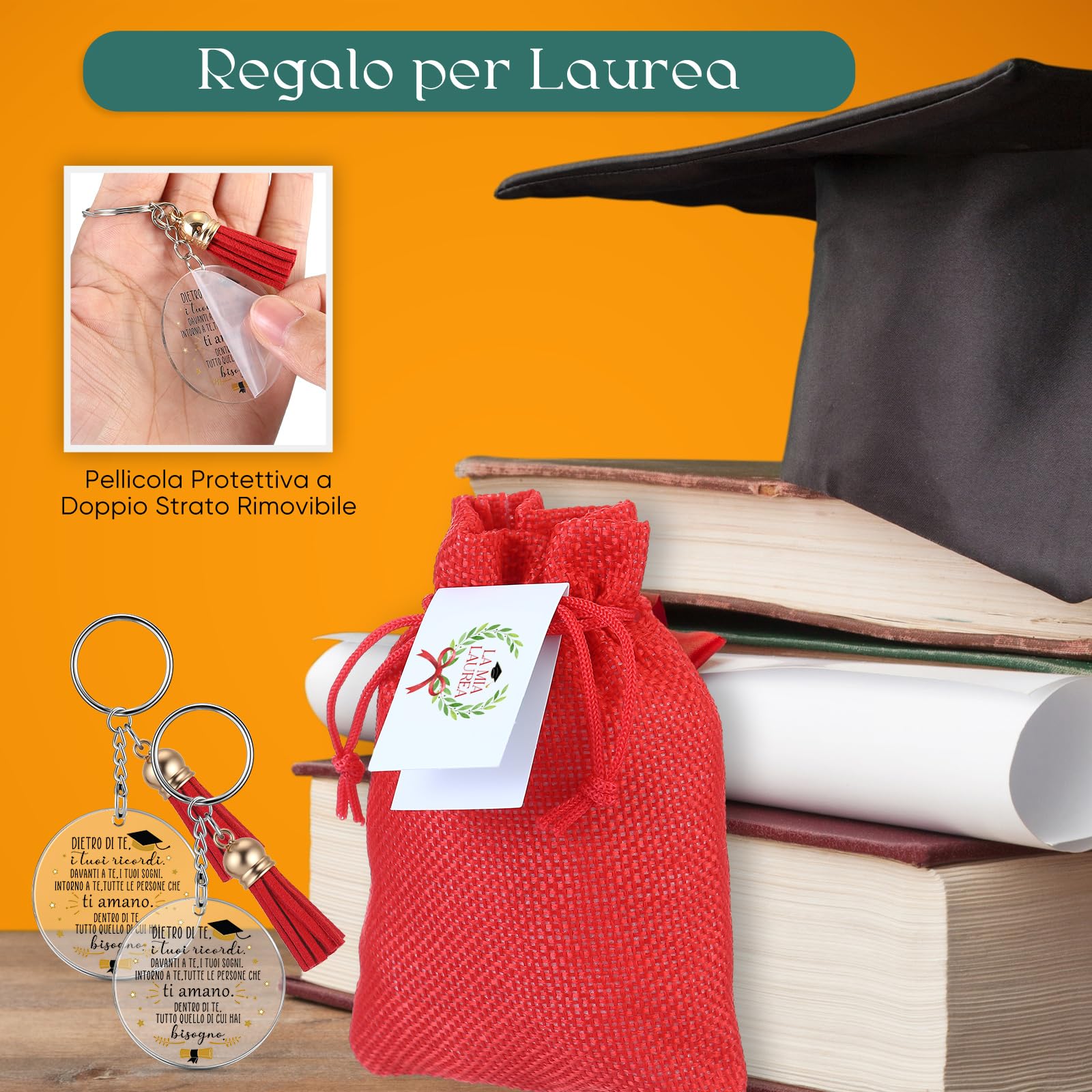 Jadive 30 Sets Bomboniere Laurea Ciondolo Bigliettini Bomboniere Portachiavi con Nappa, Sacchetti Portaconfetti Laurea, Confetti Rossi, Bigliettini con Diploma Corona d'Alloro, Regalo Festa Cerimonia