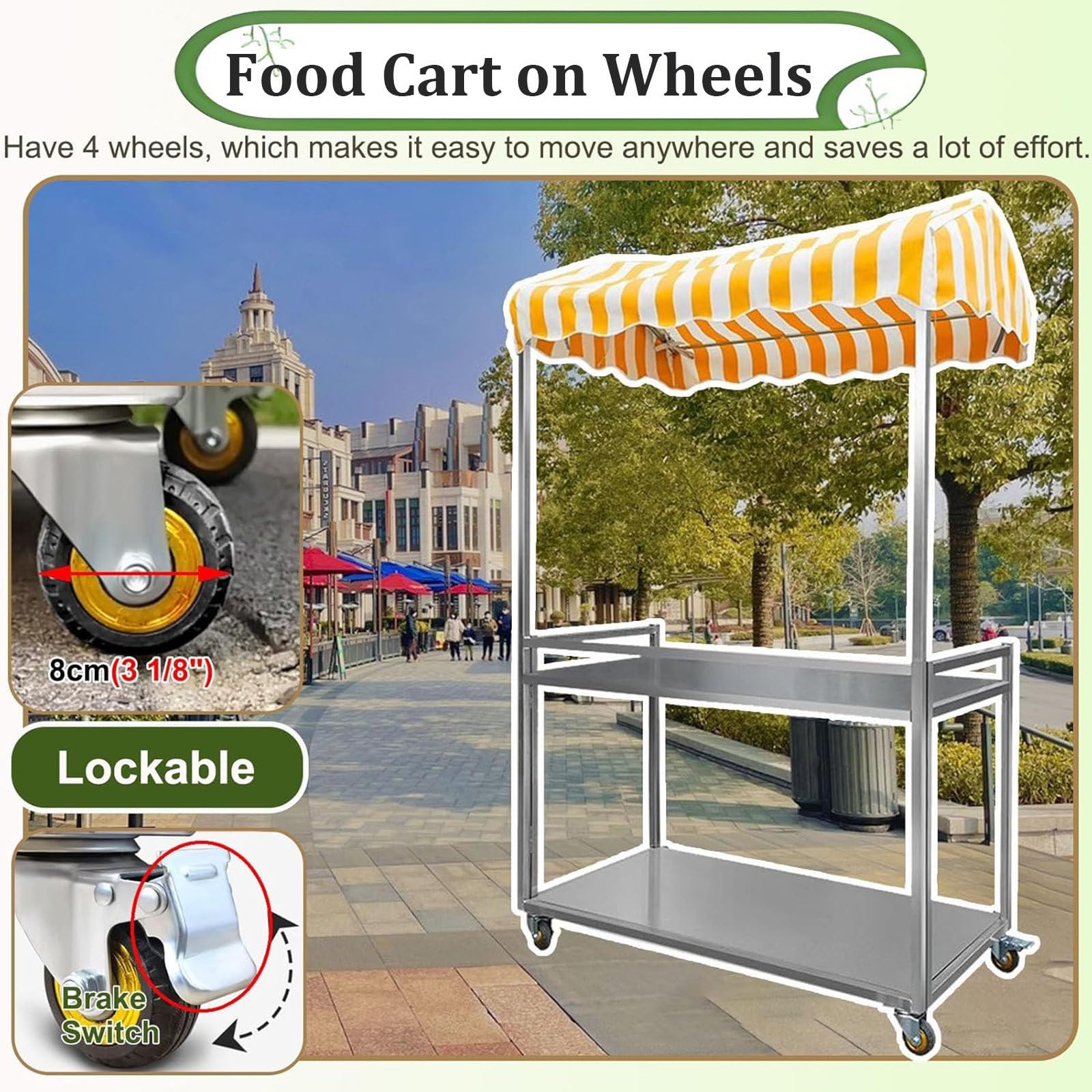 Carrello per catering mobile pieghevole in metallo, espositore per bancarelle di mercato portatile a 2 livelli, carrello per stand di concessioni alimentari con ombrellone e ruote Orange-100*50cm