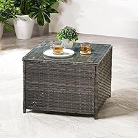 Vista 3 de ovios Mesa auxiliar para exteriores con parte superior de vidrio templado, mesa de centro de mimbre para patio, mesa auxiliar de ratán para porche