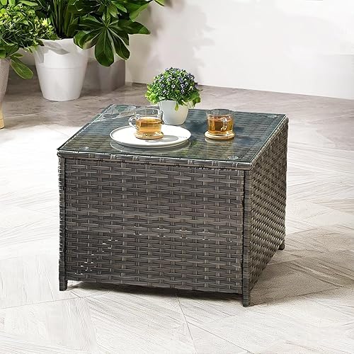 Miniatura 3 de ovios Mesa auxiliar para exteriores con parte superior de vidrio templado, mesa de centro de mimbre para patio, mesa auxiliar de ratán para porche,