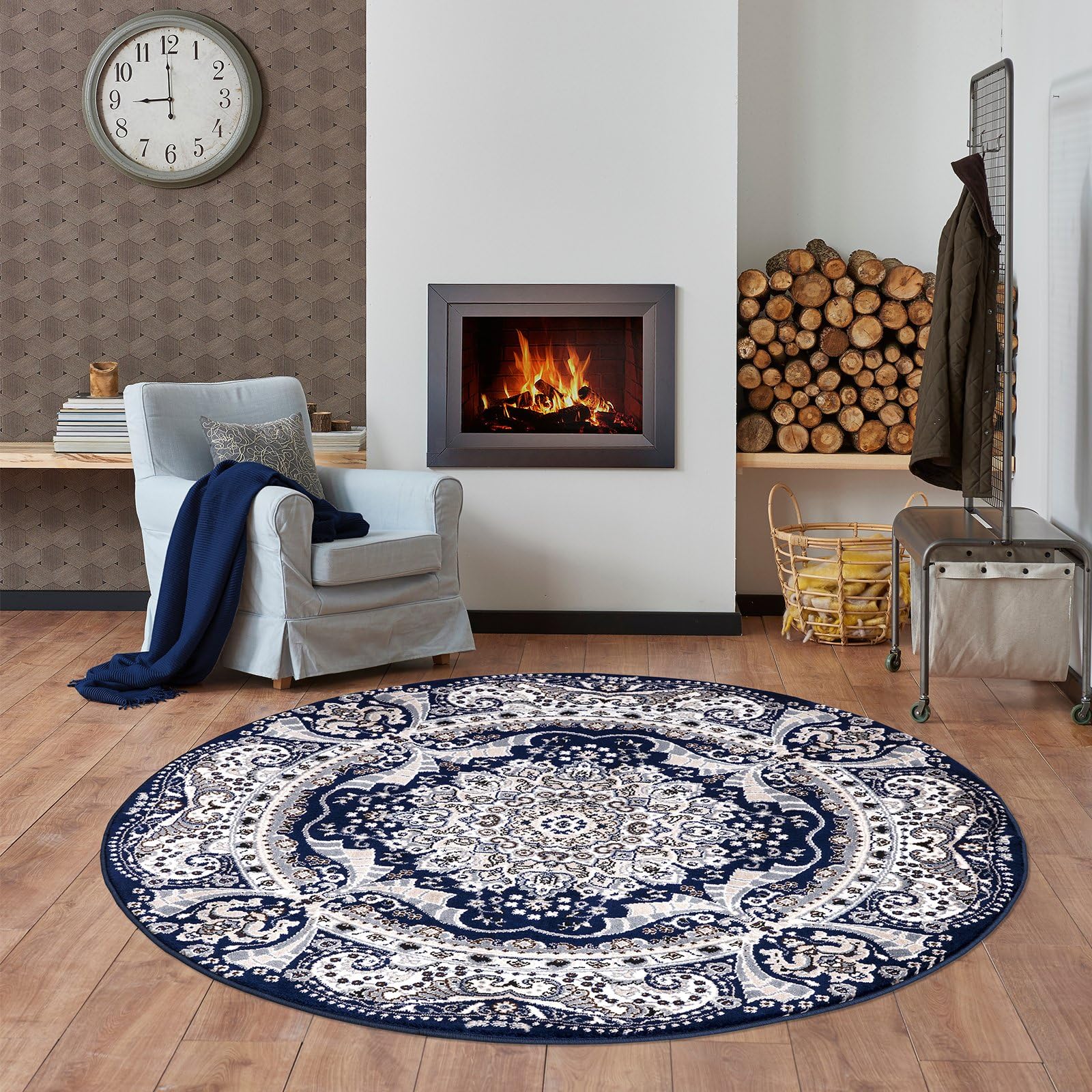 renoazul® Jute Back Large Round Rug Living Room - Rada Blue - 120x120 cm - Traditional Rugs For Bedroom Carpet, Bedside and Circular Rug For Sofaside — image 1