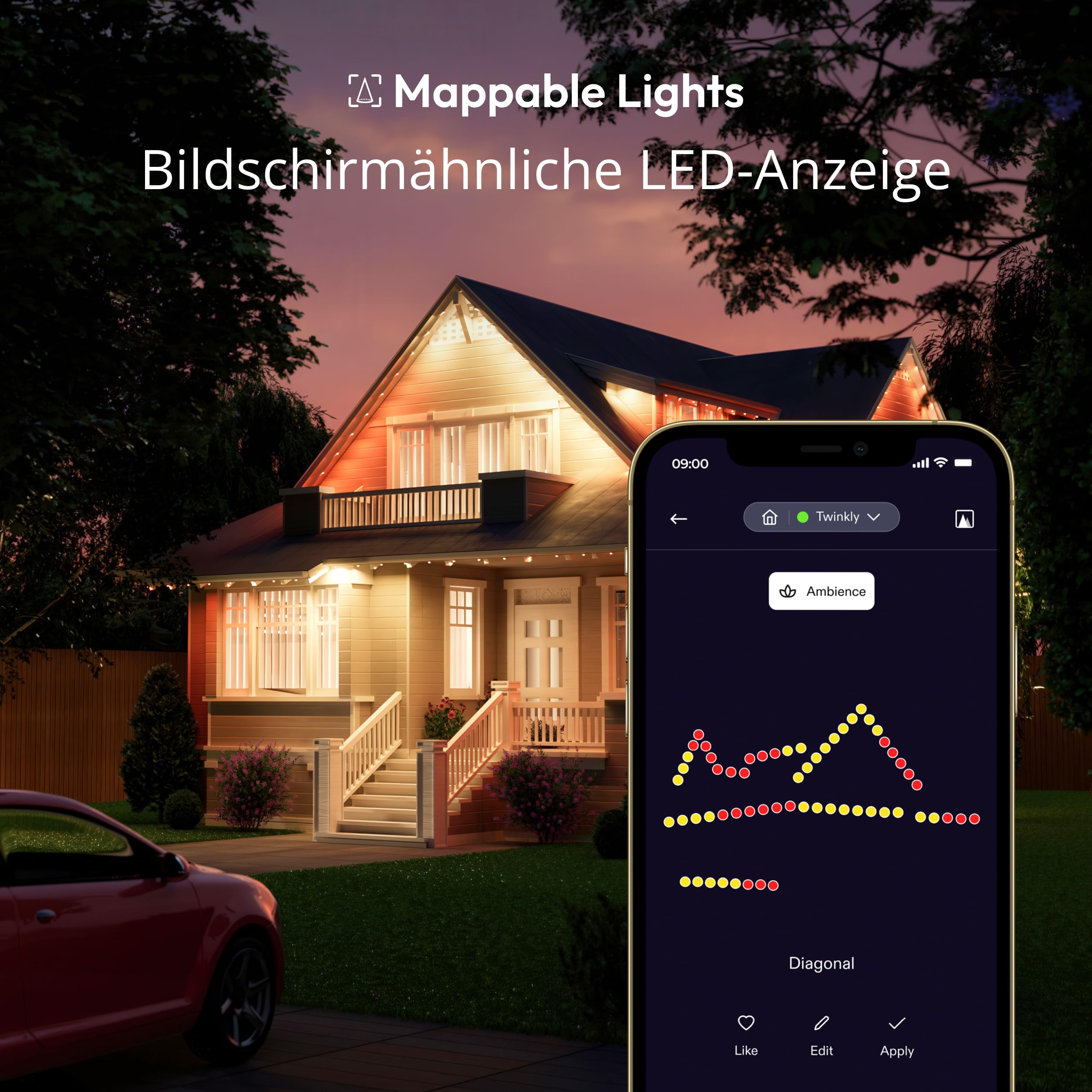 Twinkly Permanente Beleuchtung mit 72 RGB-LEDs, LED-Lichtstreifen für den Außenbereich, Smarte Mehrfarbige LED-Lichter, Kompatibel mit Alexa und Google Home, IP65, App-Steuerung, Weißes Kabel, 30 m