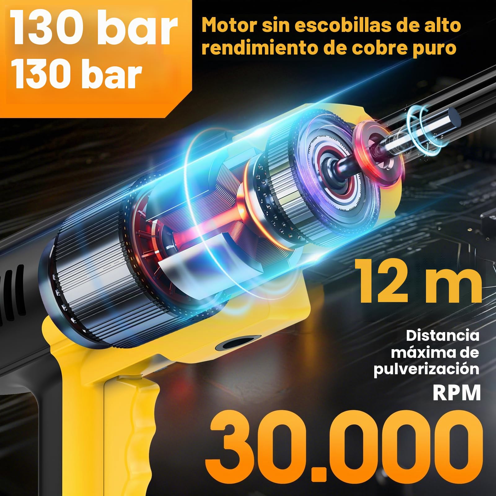 21V Hidrolimpiadora Bateria, 130Bar/1880PSI, 8L/min, 6 en 1 Boquilla con 5M Manguera, 2×3.0Ah Baterías, Alcance 12m para Coche Patio Jardín Limpieza Suelos (con Caja de Herramientas)
