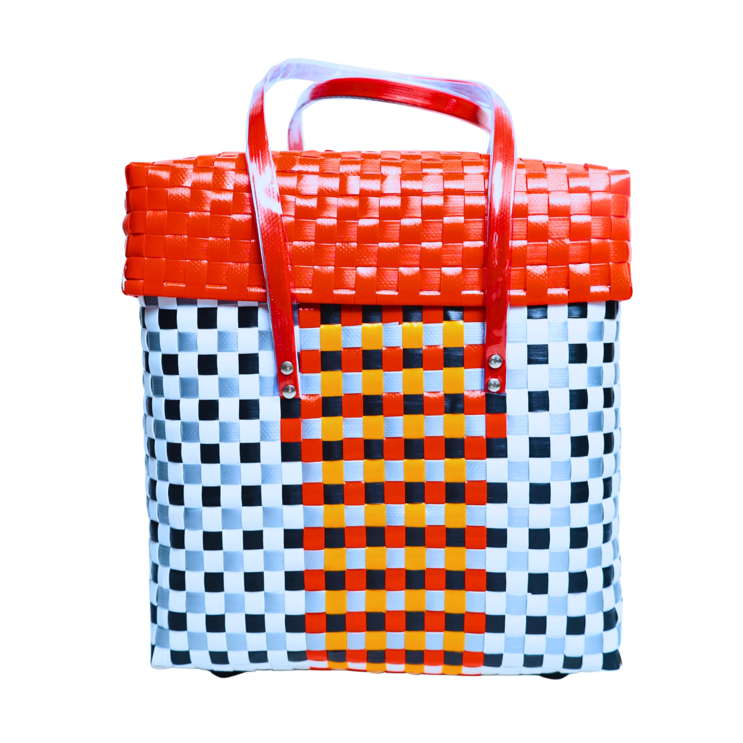 Hand Made Multipurpose Plastic Basket with Lid | Eco-Friendly, Washable, Rust-Free Storage Basket for Kitchen, Picnic, Toys, Travel, Office | Lightweight basket (Red with Light blue, L)-picture-10
