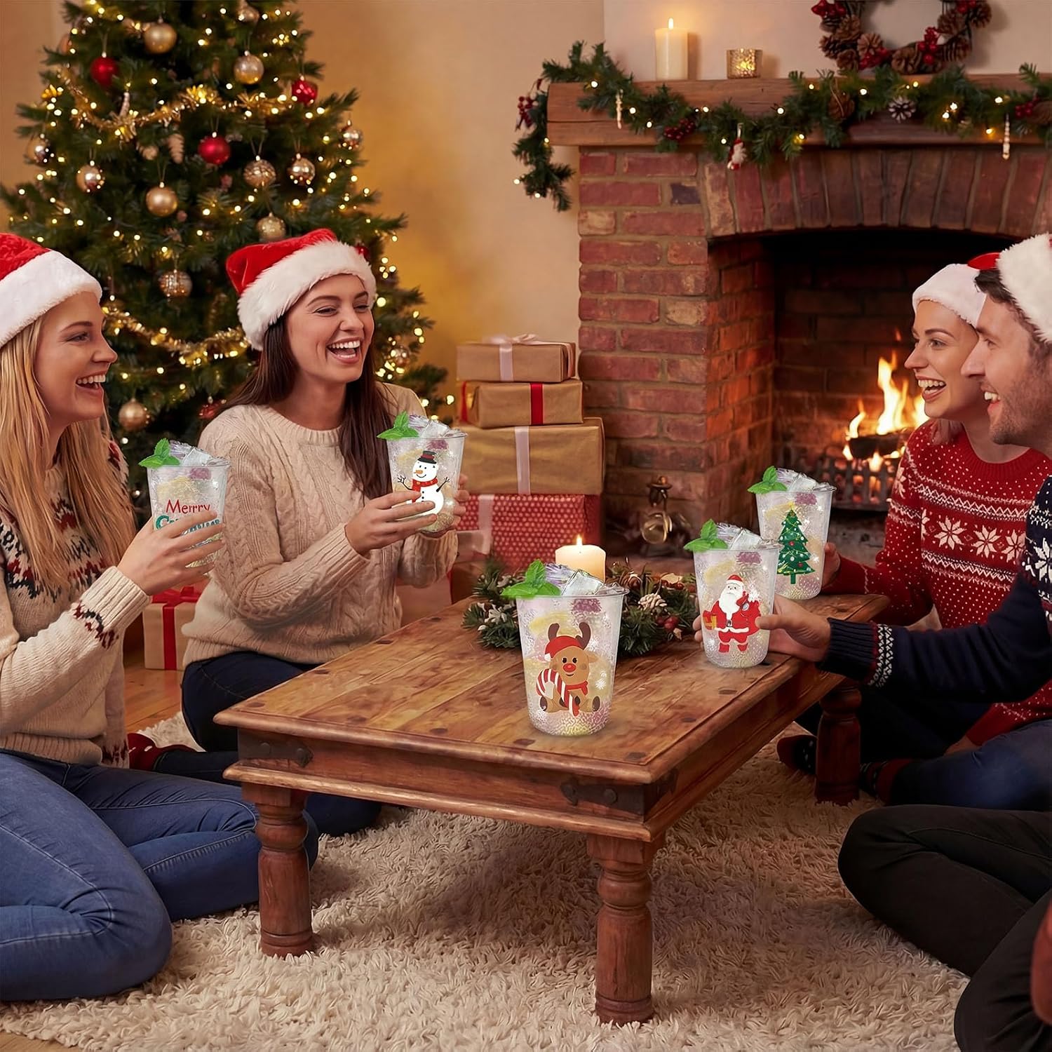 16oz Christmas Disposable Plastic Cups-Xmas Tree Santa Reindeer Snow Cold Drinks, Coffee, Beer, Drinks, Ice Cream, Drinking Cups for Xmas Holiday Party Supplies. (50)