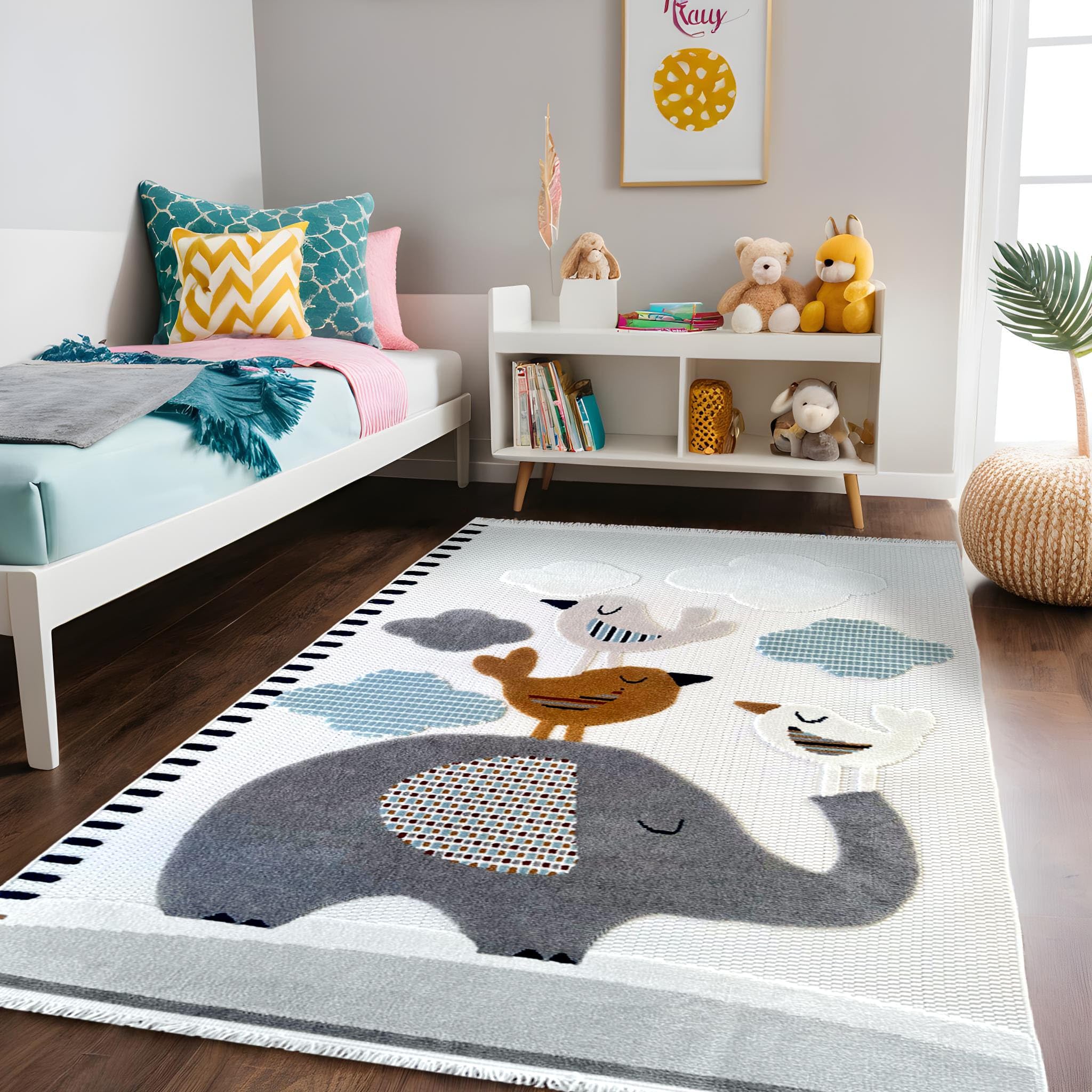 Alfombra Infantil Redonda Habitación Niña Niño Dormitorio Animales Elefante Nubes Estrellas Arcoiris 160cm Gris Marrón Ocre Azul